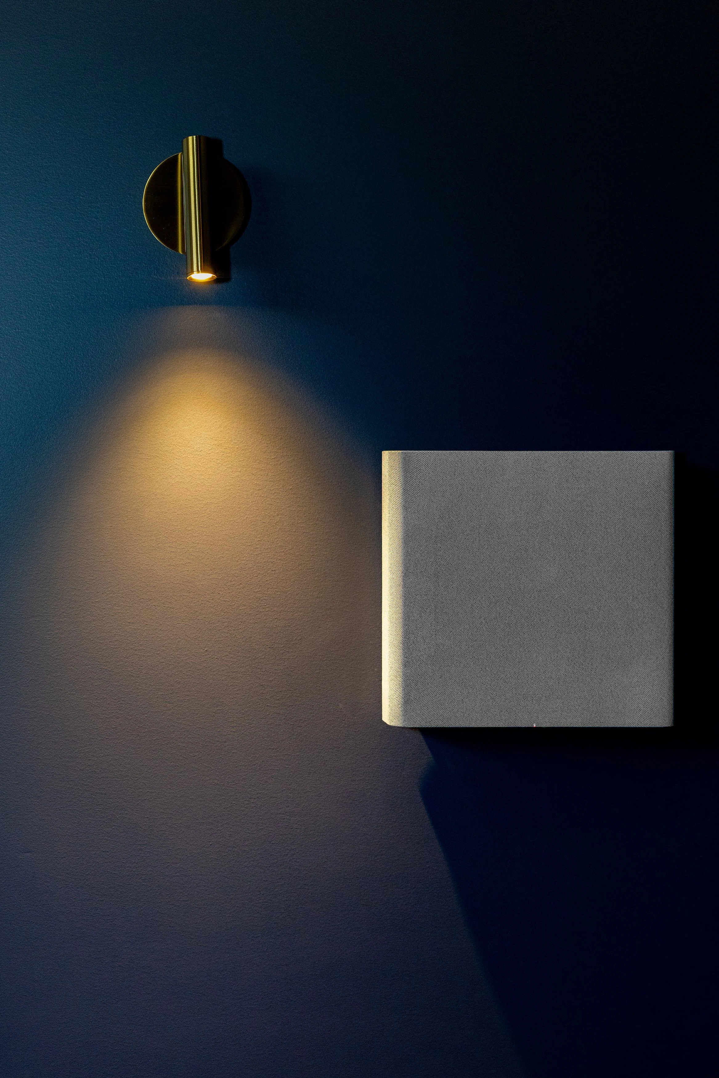 A wall-mounted light fixture illuminating a gray, textured speaker on a dark blue wall.