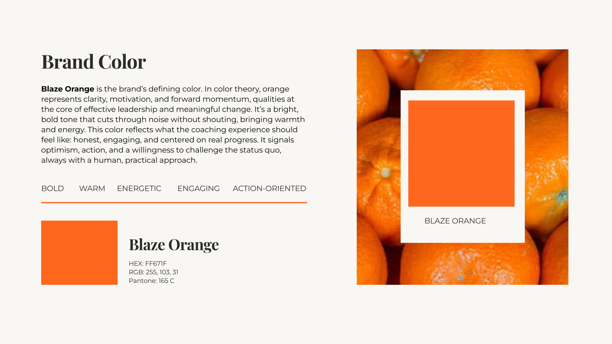 A design page featuring a section about the brand color blaze orange, with a large background photo of oranges, a color swatch of blaze orange, and descriptive text about the color's attributes and values.