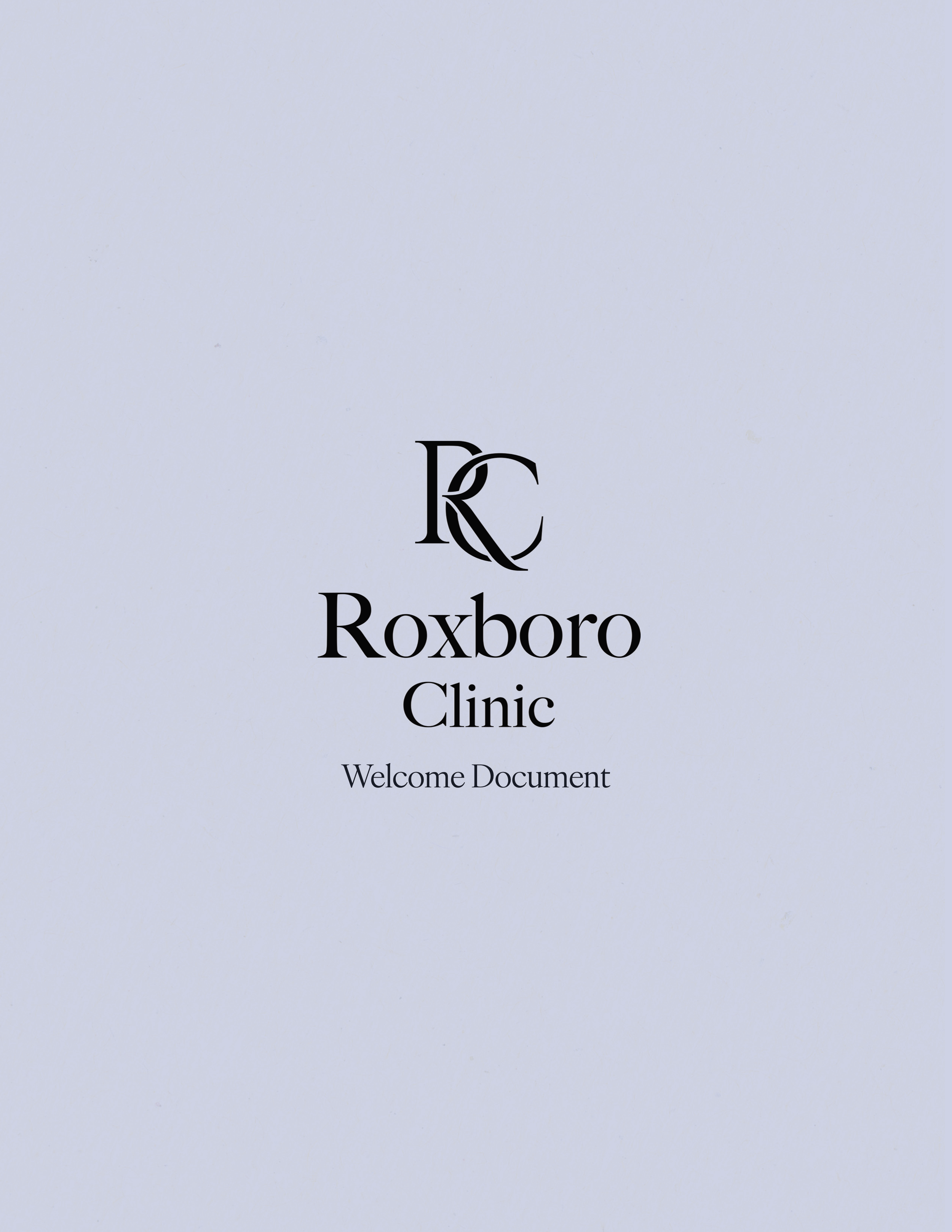 Cover page of a welcome document for Roxboro Clinic with the clinic's logo.