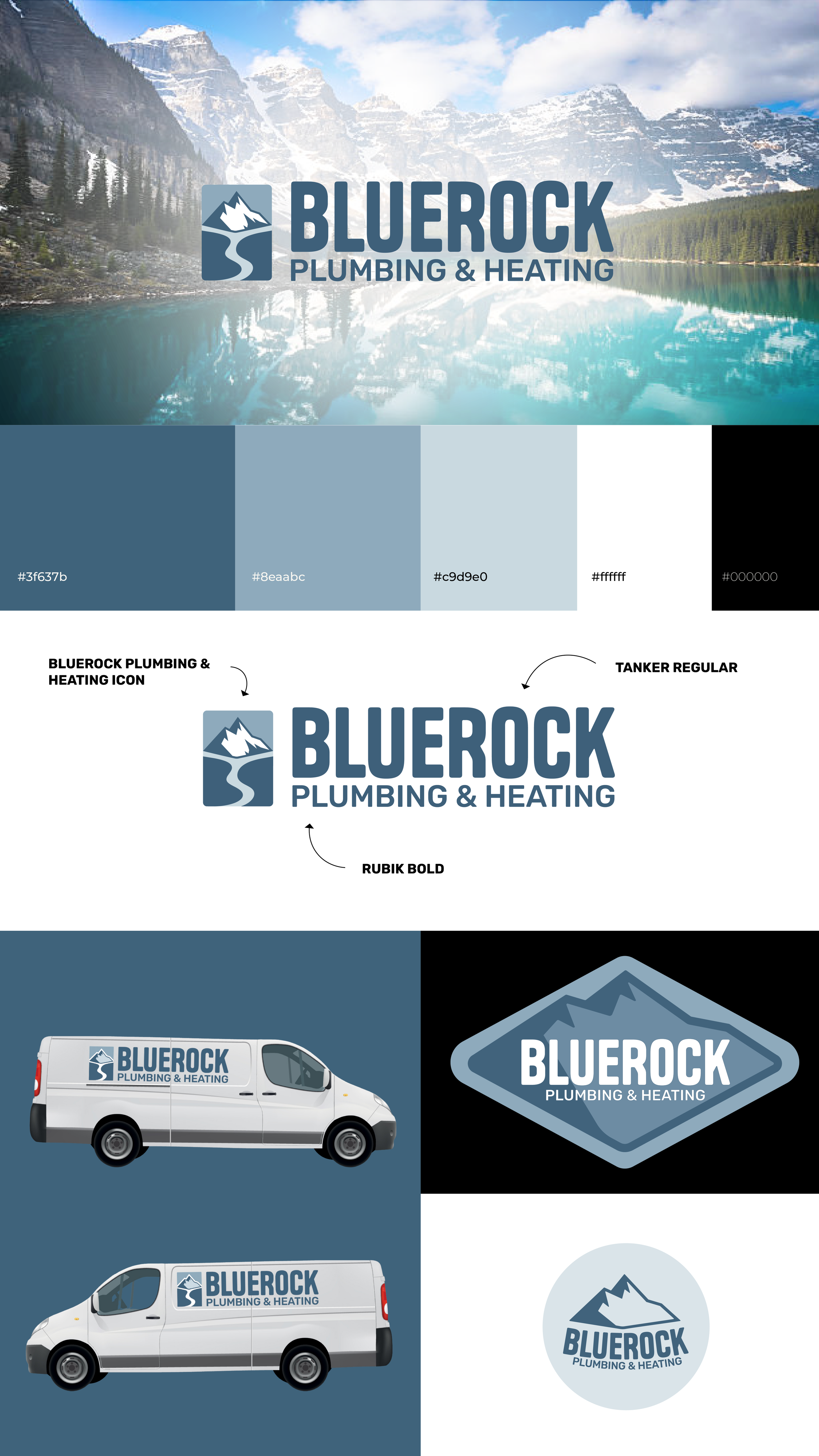 Branding and logo design concepts for Bluerock Plumbing & Heating, including a mountain-themed logo with a river, a color palette, a company van, and various logo styles.