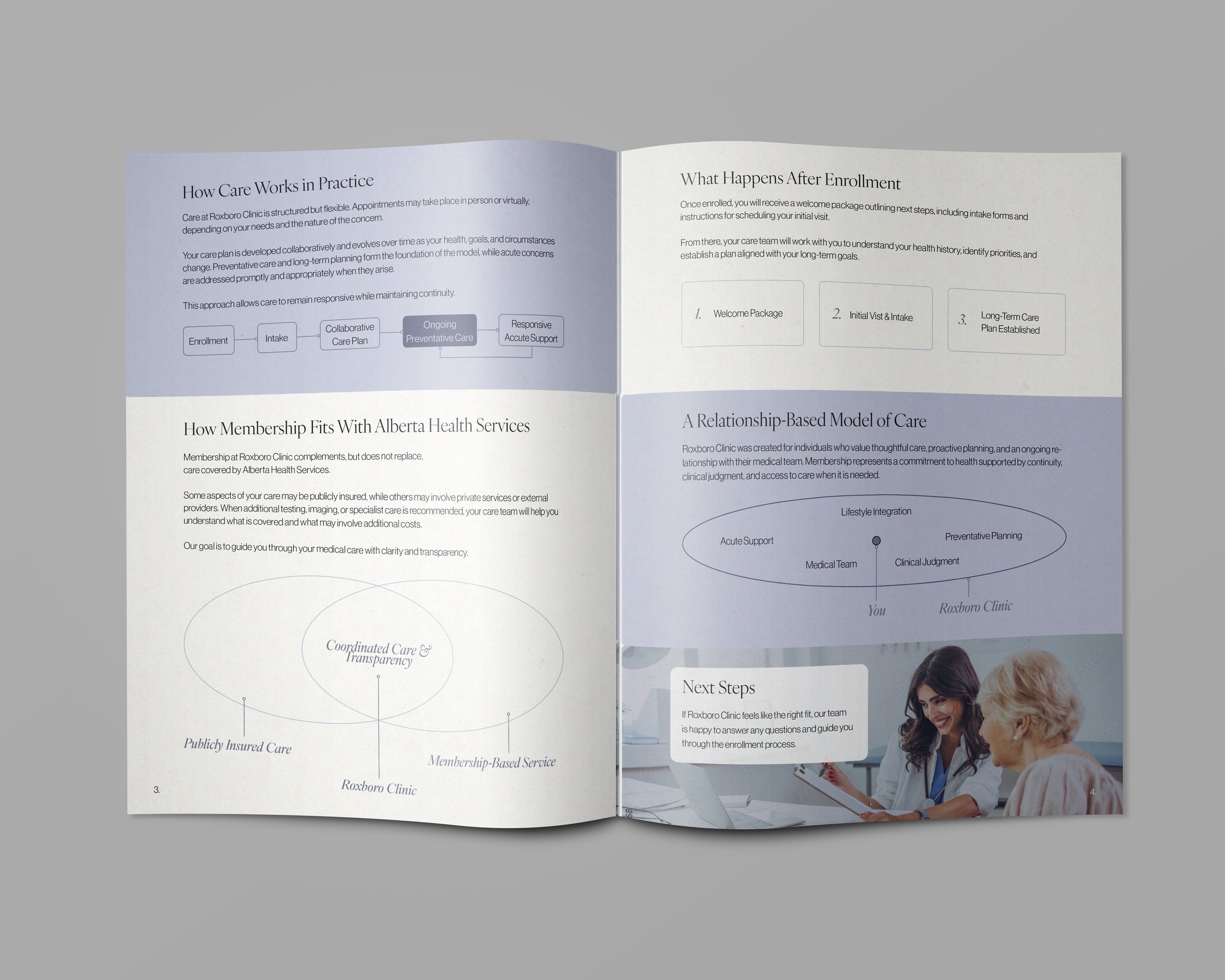 Open booklet with health care information, diagrams, and a photo of a healthcare professional talking to an elderly woman.