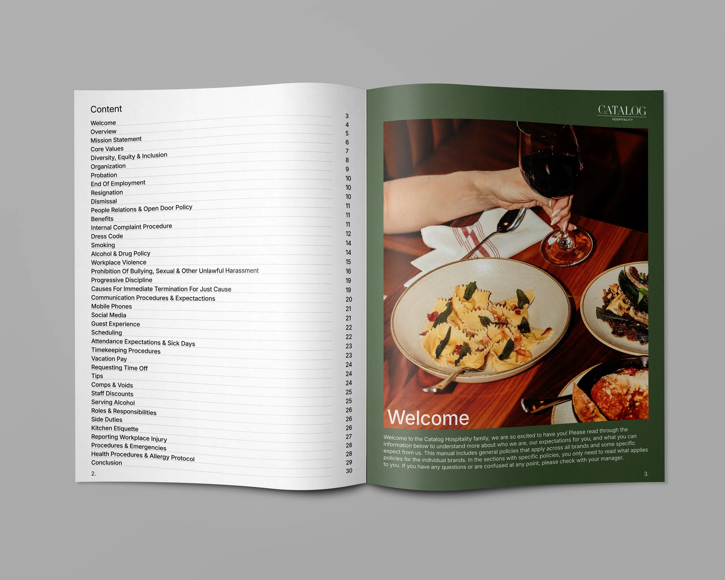 Open hospitality catalog with table of contents on the left page and a dining scene with a hand holding a glass of wine and plates of food on the right page.