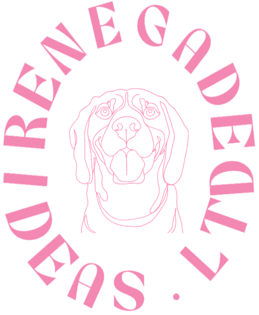 Pink logo featuring a line drawing of a dog with the text "renegade ideas ltd." in a circular arrangement around the dog.