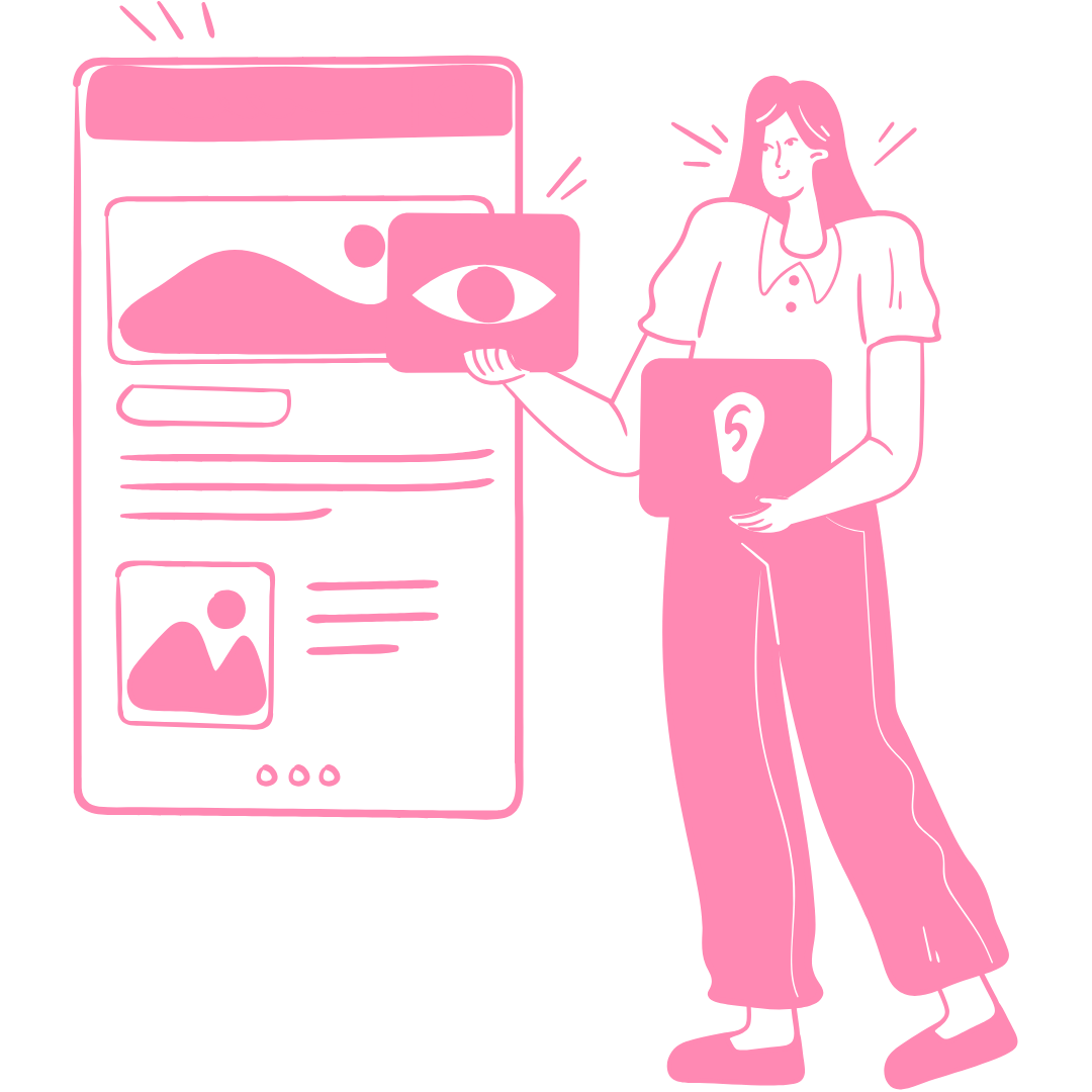 Illustration of a woman holding a web page with an eye icon and a photo, representing visual content or digital media.