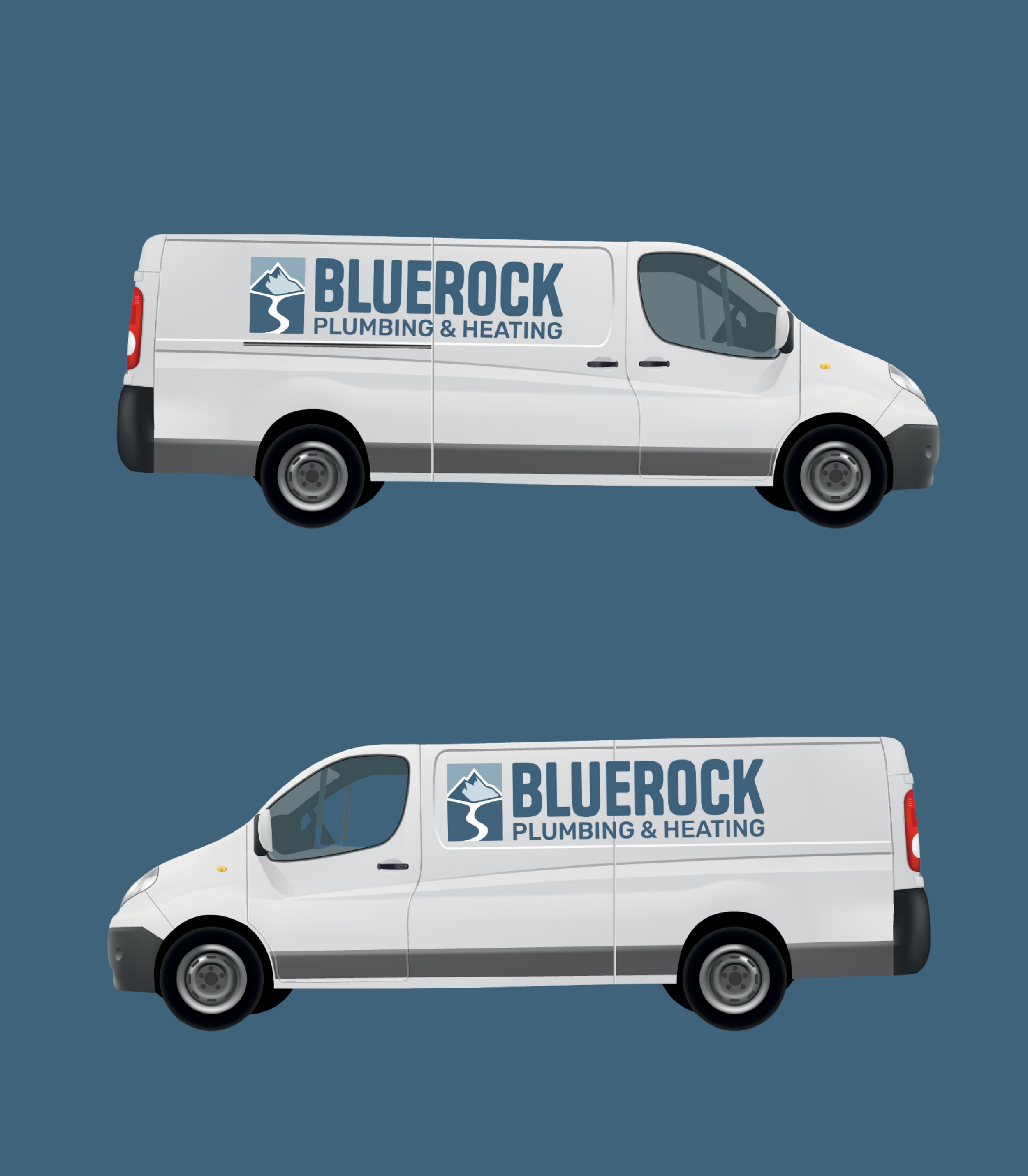Side views of two white service vans with "BluRock Plumbing & Heating" logos, one positioned above the other, on a dark blue background.