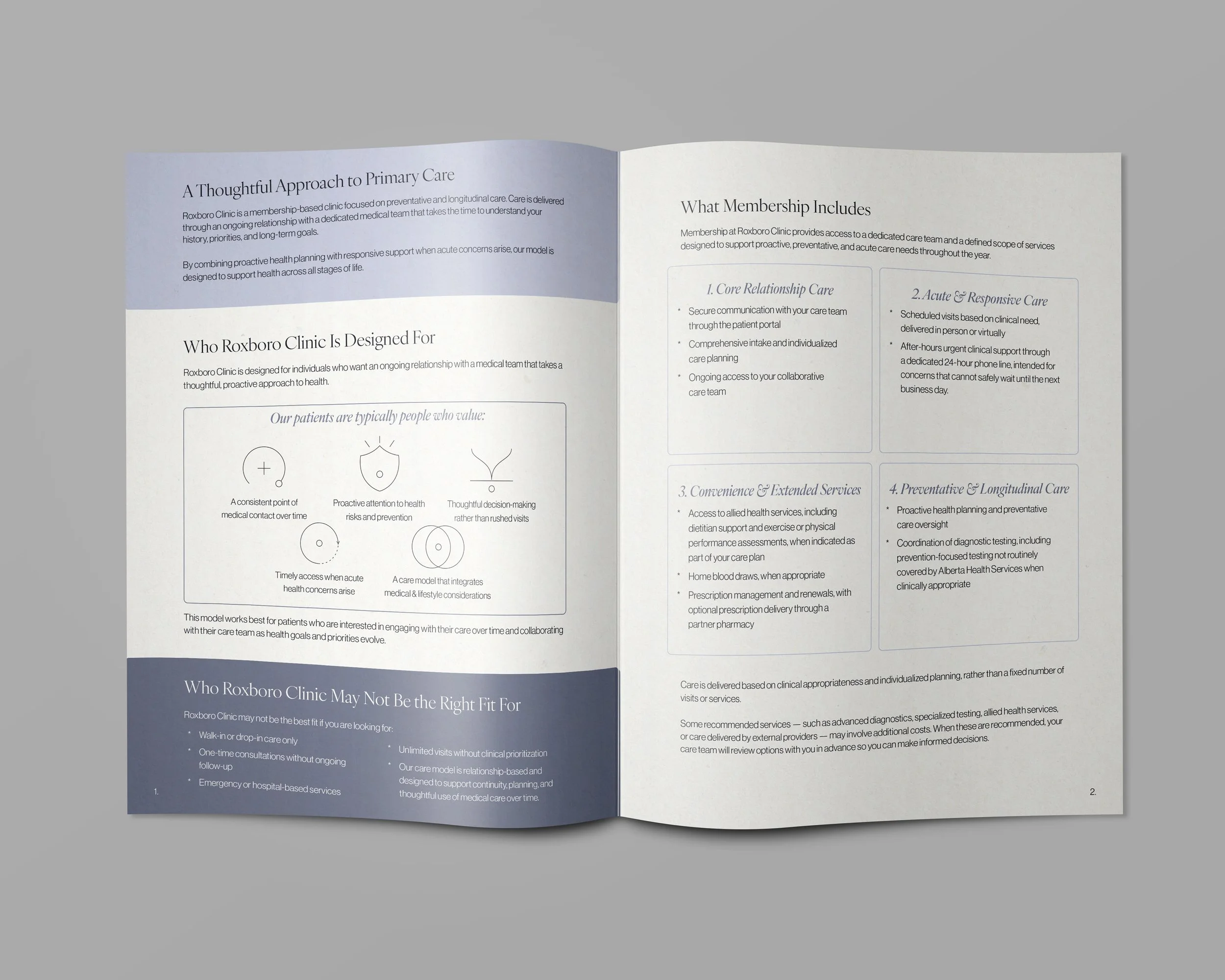 Open brochure with informational content about Roxboro Clinic, including sections on primary care, patient values, membership benefits, and clinic suitability.