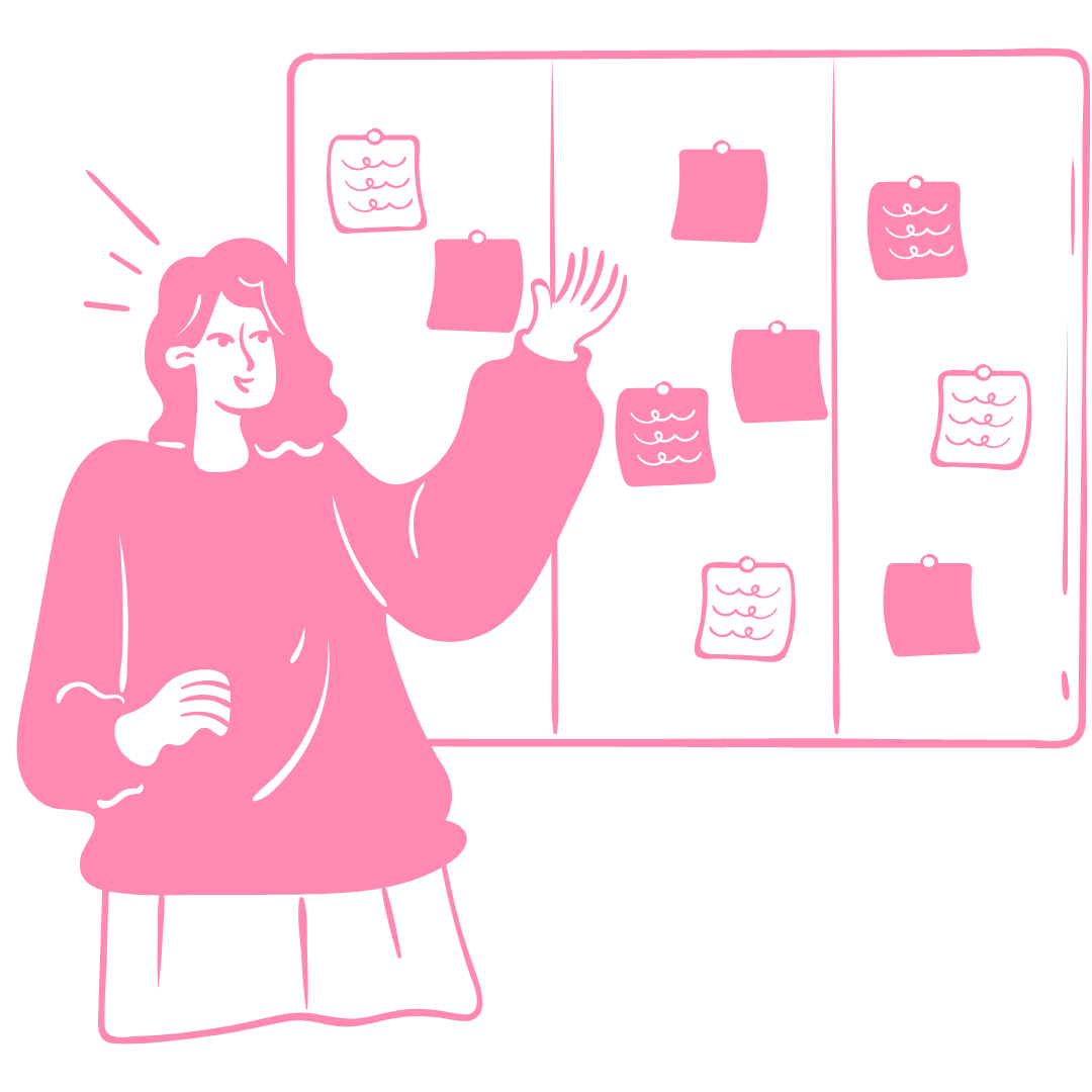 Illustration of a woman with wavy hair, wearing a long-sleeve top, looking at a bulletin board with pink notes, some with wave lines, pinned on it.