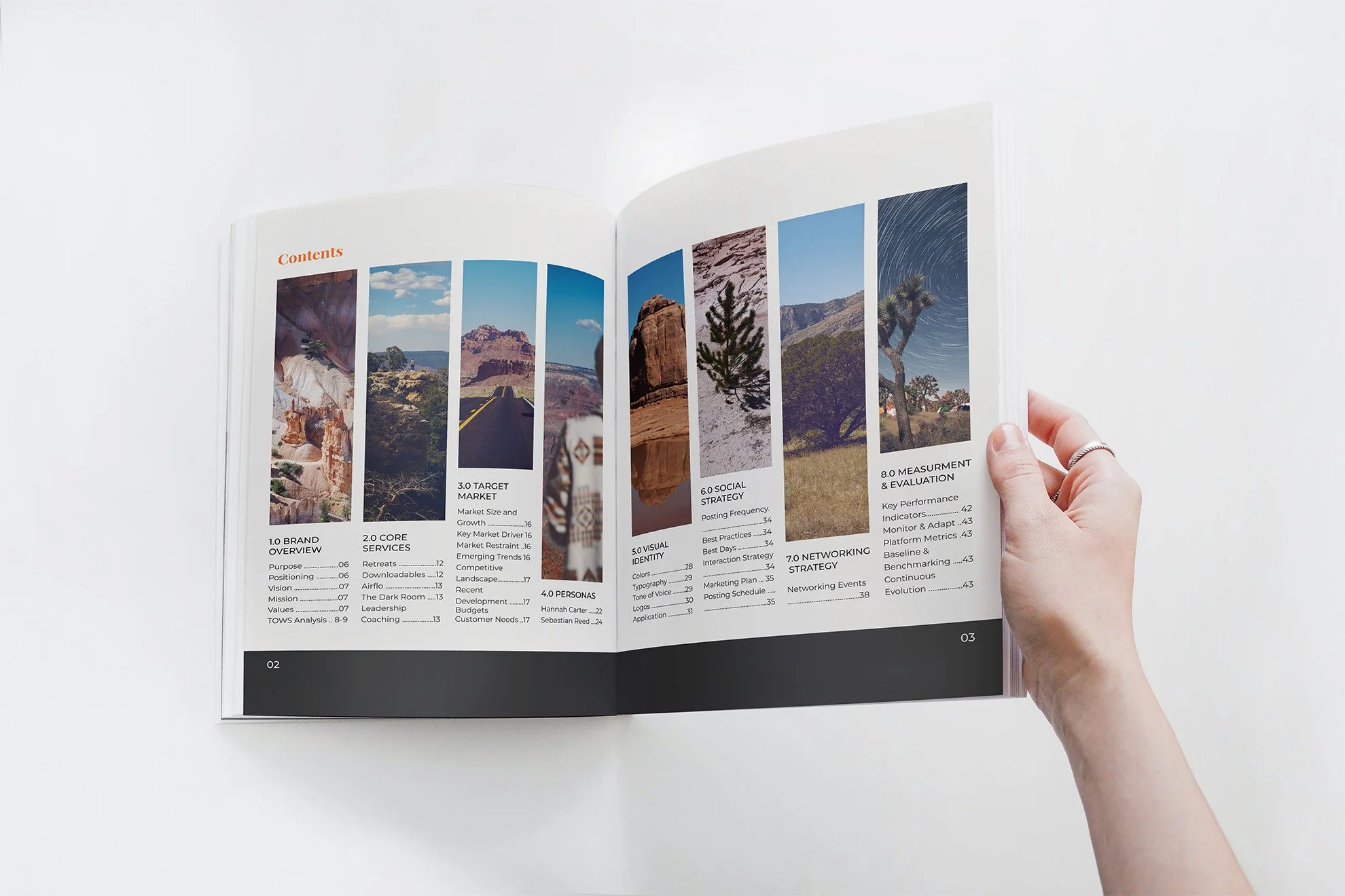 Open booklet displaying a table of contents with categories and page numbers, featuring landscape photographs of mountains, desert, and starry night sky.