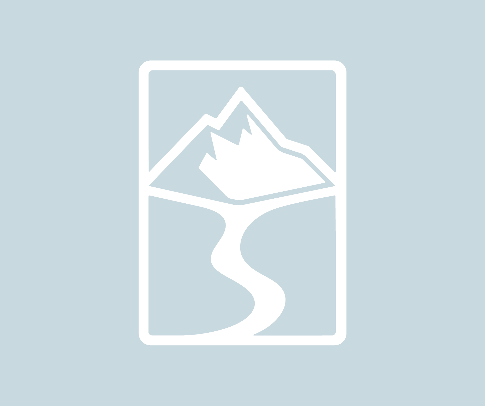 Line drawing of mountains, a river, and a sky on a light blue background.