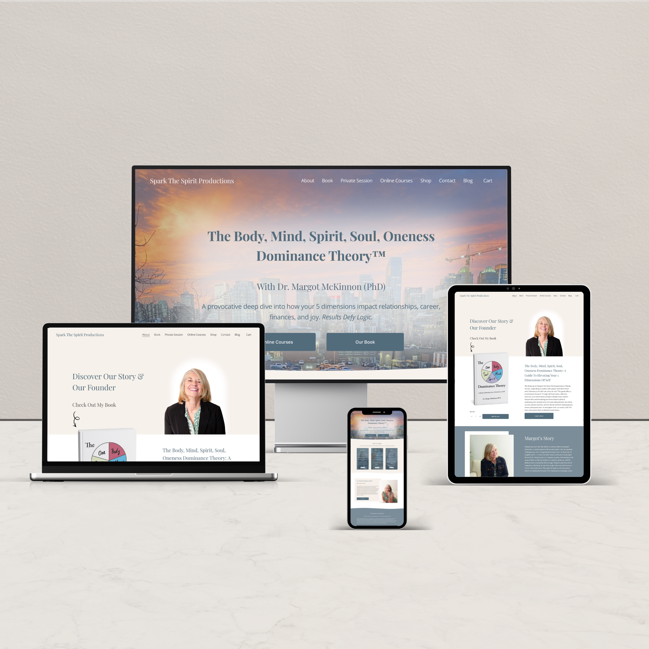Multiple electronic devices displaying a website for Spark The Spirit Productions, featuring information about the body, mind, spirit, soul, and Oneness Dominance Theory, with a cityscape background on the main screen.