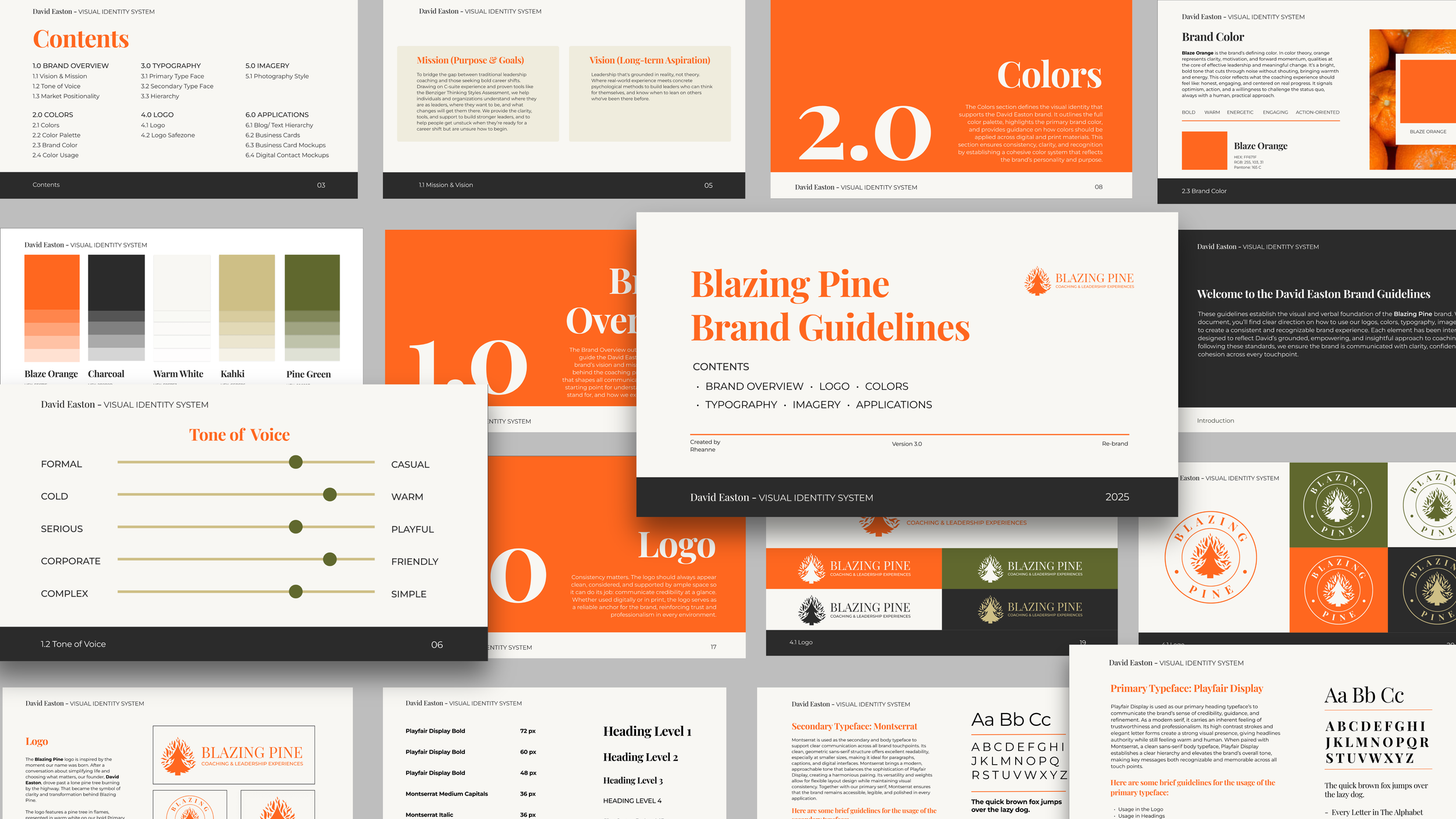 The image features various pages of a visual identity system branding guide for Blazing Pine, including sections on brand overview, logo, colors, typography, imagery, applications, and guidelines for tone of voice and font usage. The design emphasizes orange, black, white, and green colors, with sample logos, color palettes, and typography hierarchies.