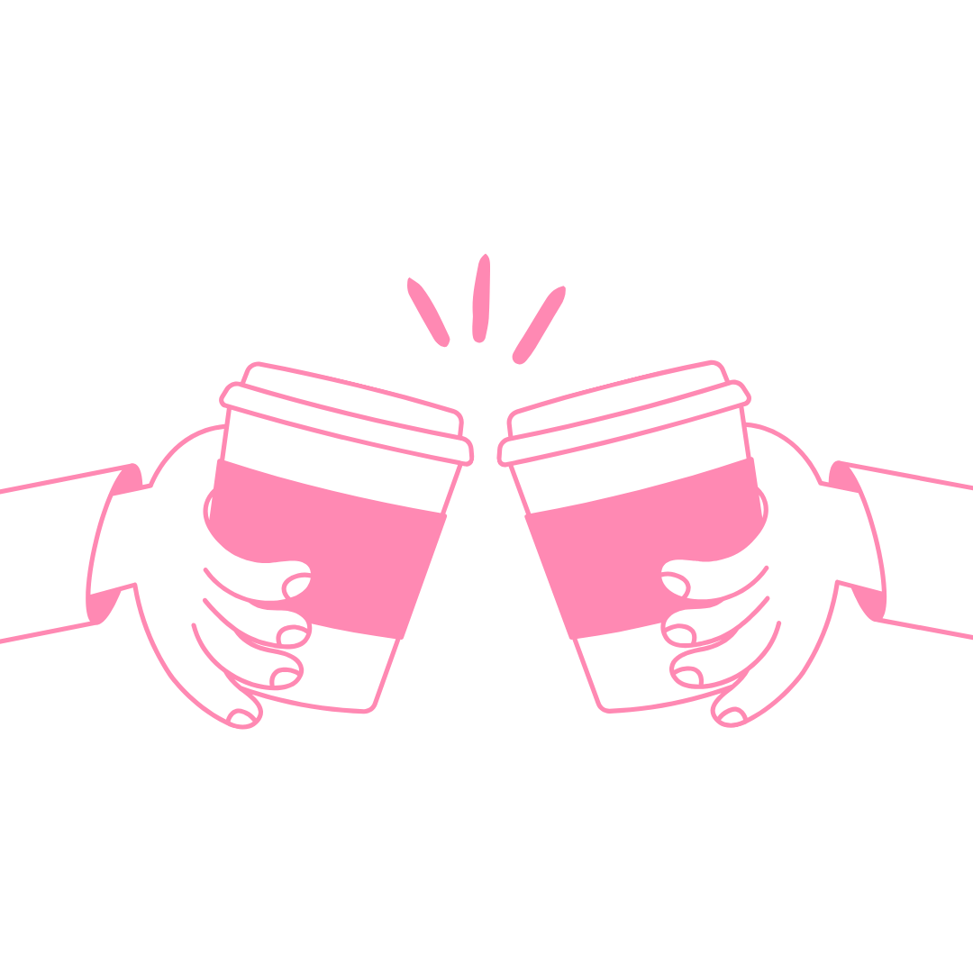 Digital illustration of two hands holding pink coffee cups, clinking them together in a toast against a transparent background.