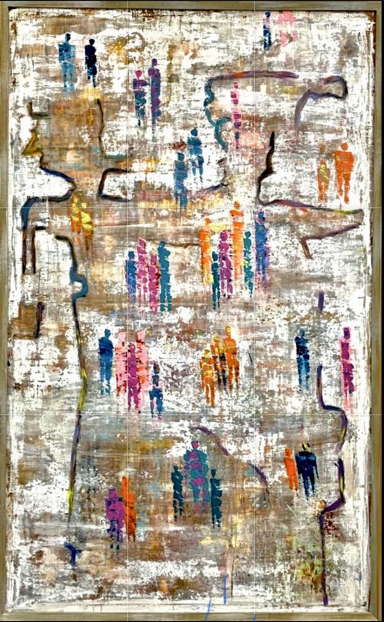 An abstract painting with colorful vertical lines and irregular shapes on a distressed white background.