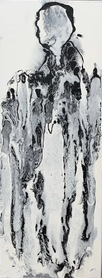 Abstract black and white painting of a faceless figure with splashes and drips of paint.