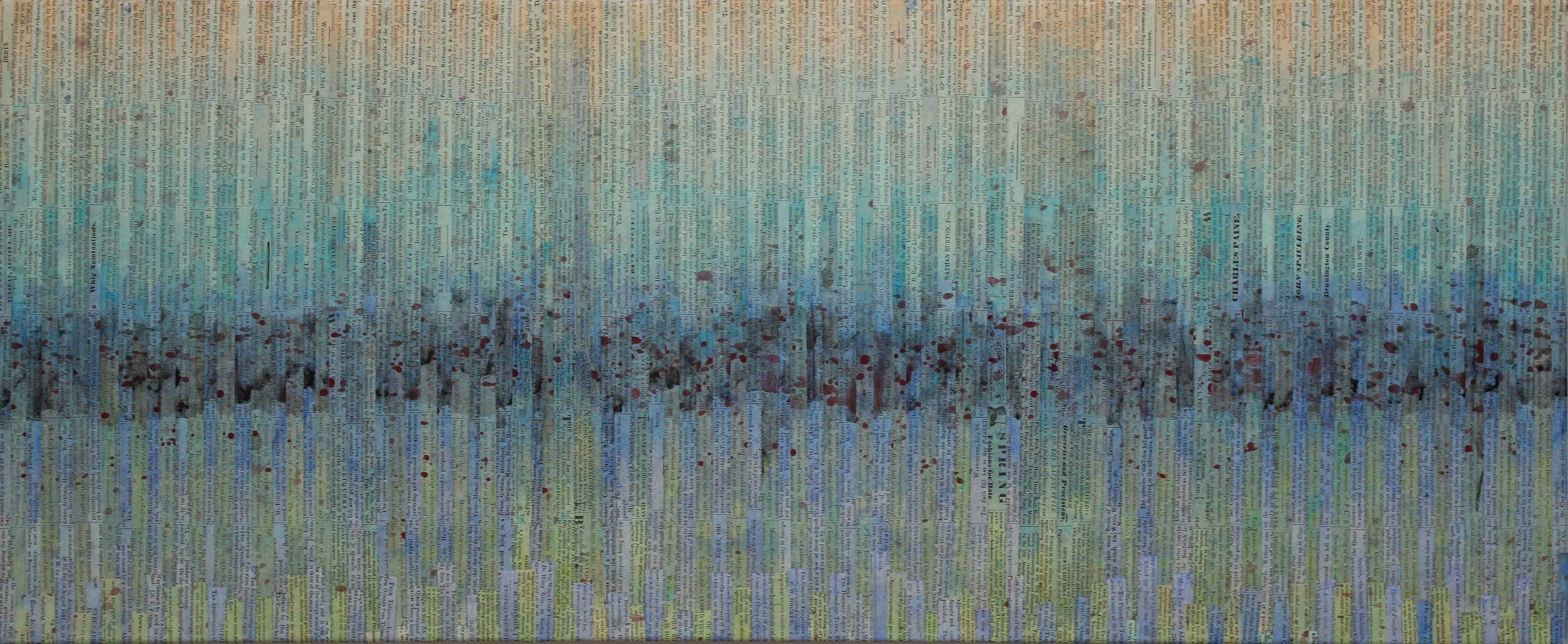 Murmurs. 15 x 36 x 1.5 inches. A collage and mixed media artwork displaying layered and tinted newspaper clippings with color variations.