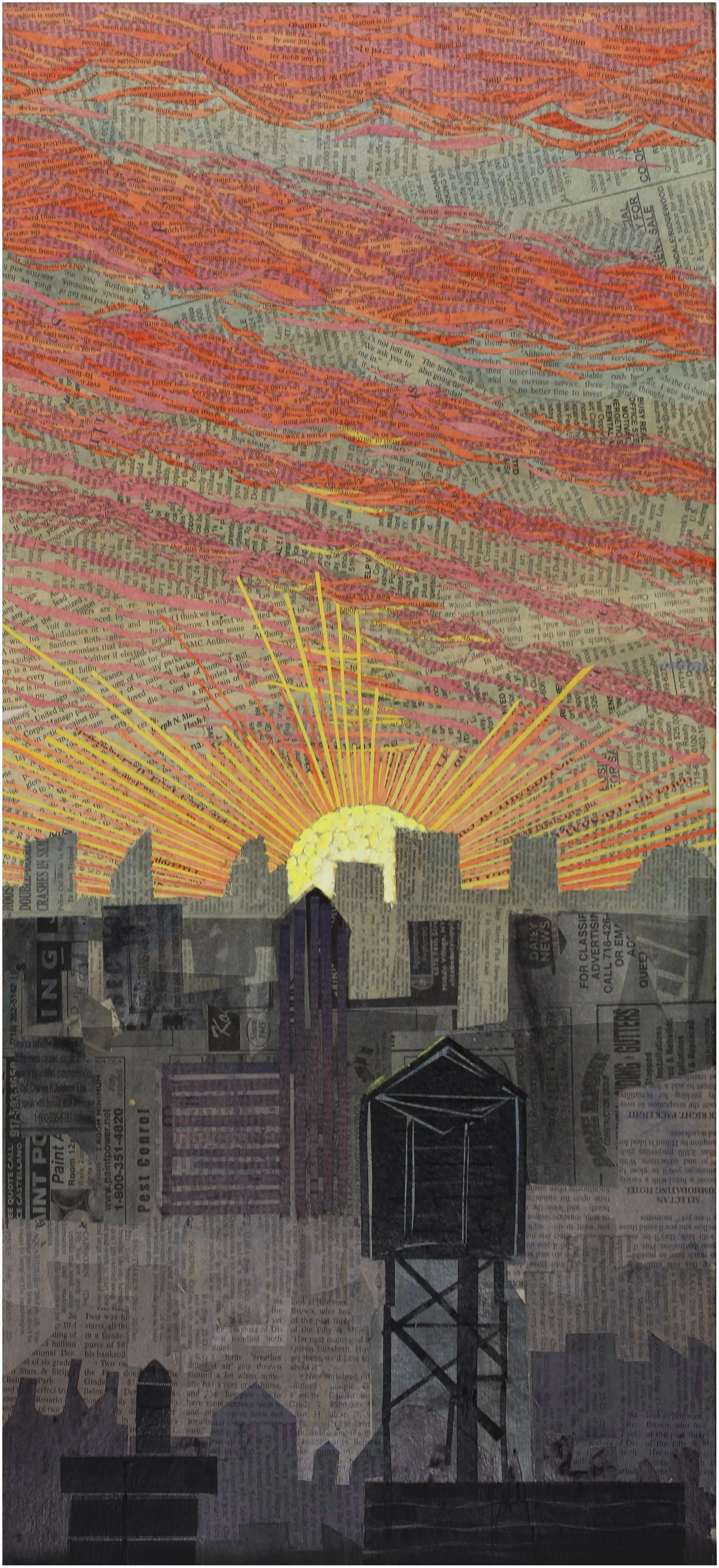 The background consists of overlapping newspaper clippings in muted tones, with a bright yellow sun rising behind the buildings. The sun's rays extend outward in orange and yellow lines, creating a vibrant sunrise scene. There is a water tower in the foreground, also made from cut-out newspaper pieces.