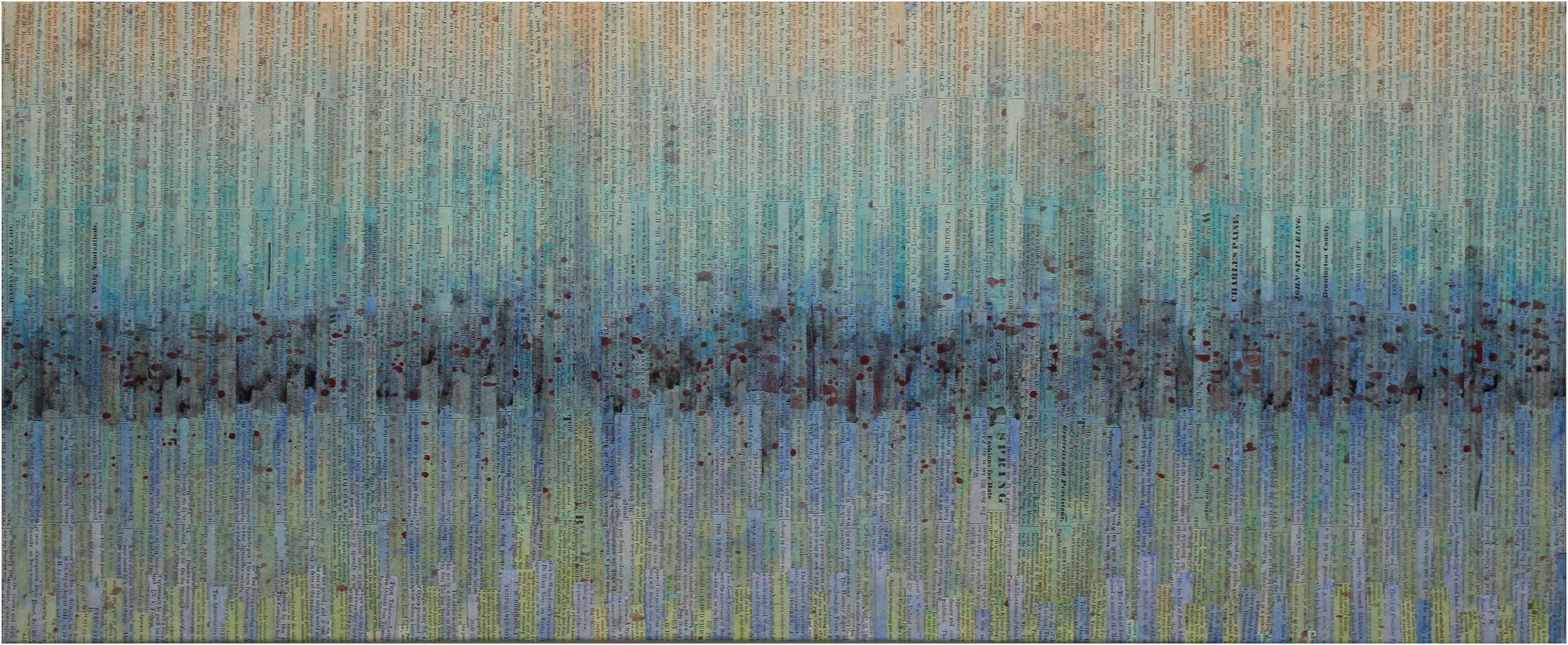 Murmurs. 15 x 36 x 1.5 inches. A collage and mixed media artwork displaying layered and tinted newspaper clippings with color variations.