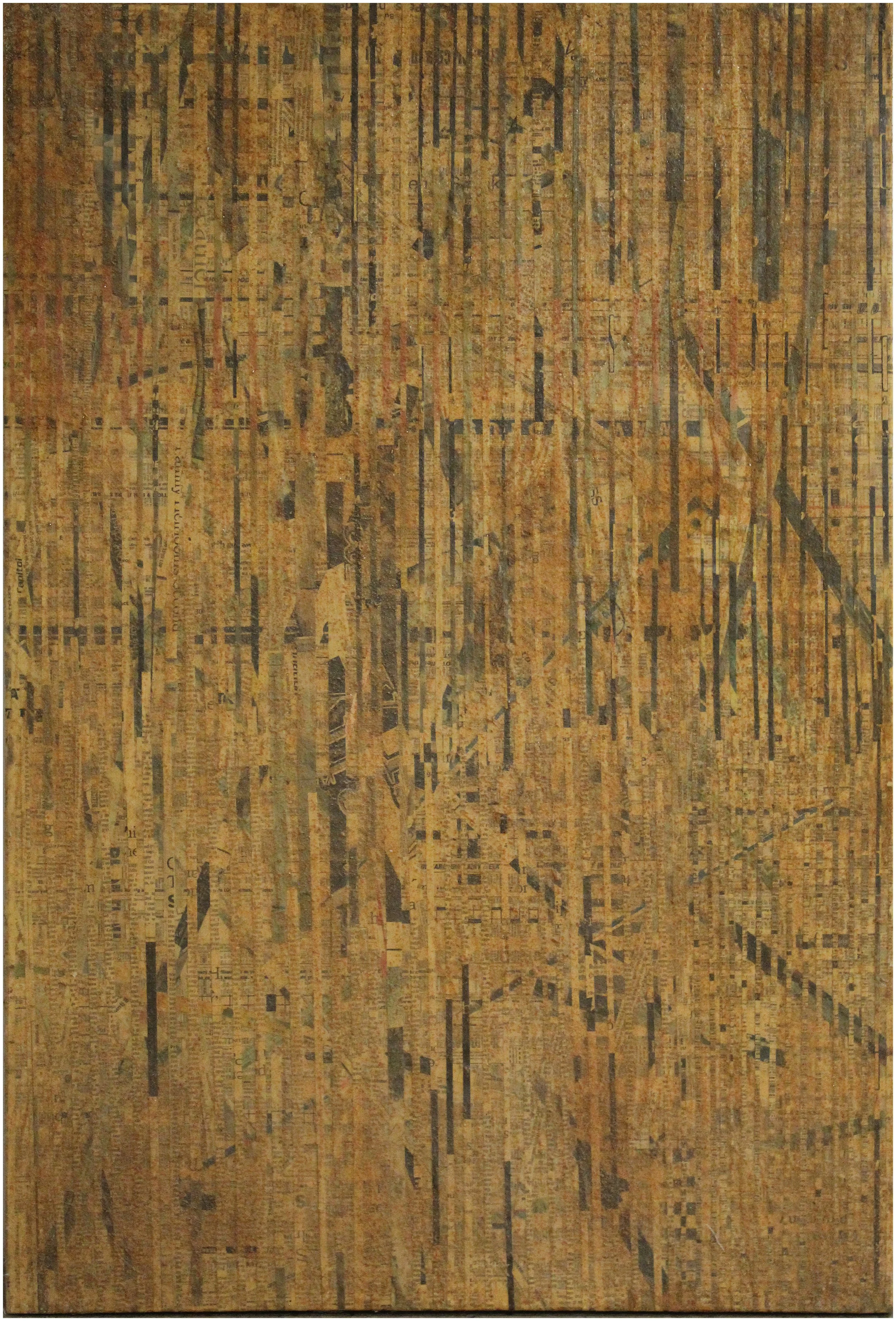 Collage of torn newspaper pieces with black lines and text fragments on a yellowed background.