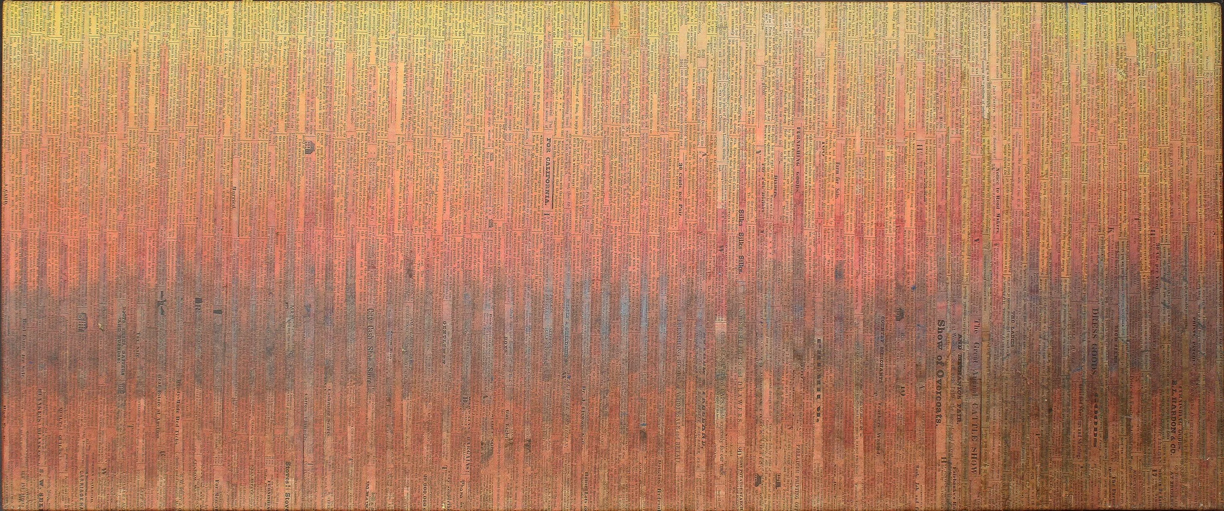 Prehistory. 15 x 36 x 1.5 inches. A collage and mixed media artwork displaying layered and tinted newspaper clippings with color variations.