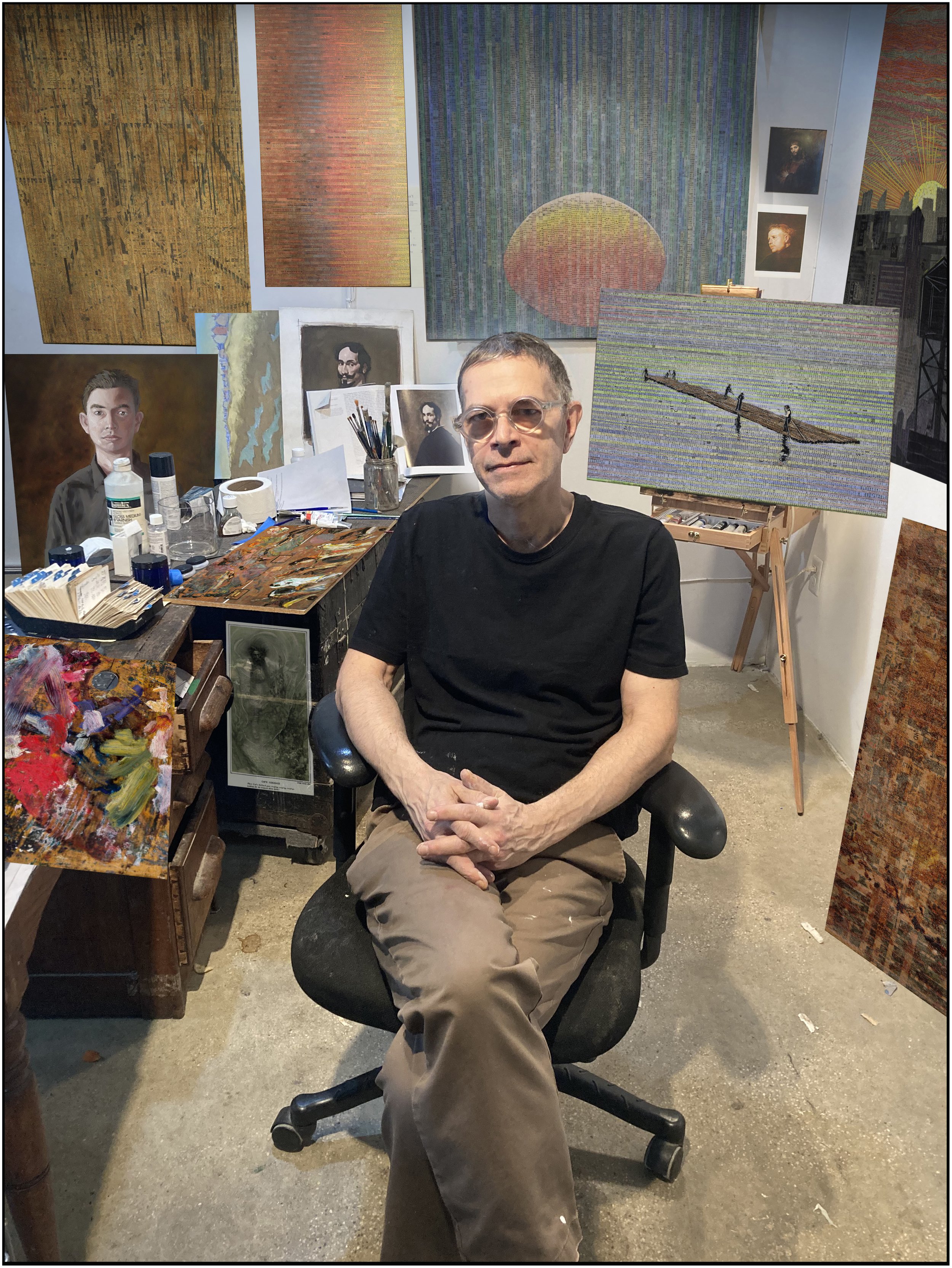 Chris Cloutier: the artist in his studio with paints, collages, and pallets