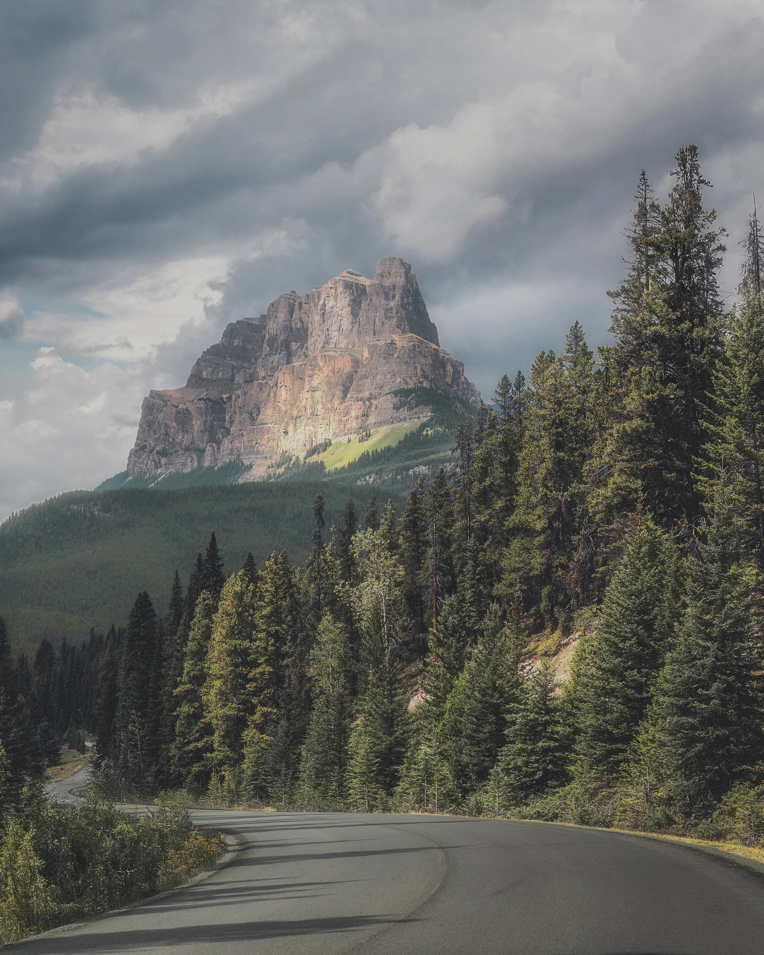 A winding mountain road with tall evergreen trees on the side, large rocky mountain in the background, partly cloudy sky.
