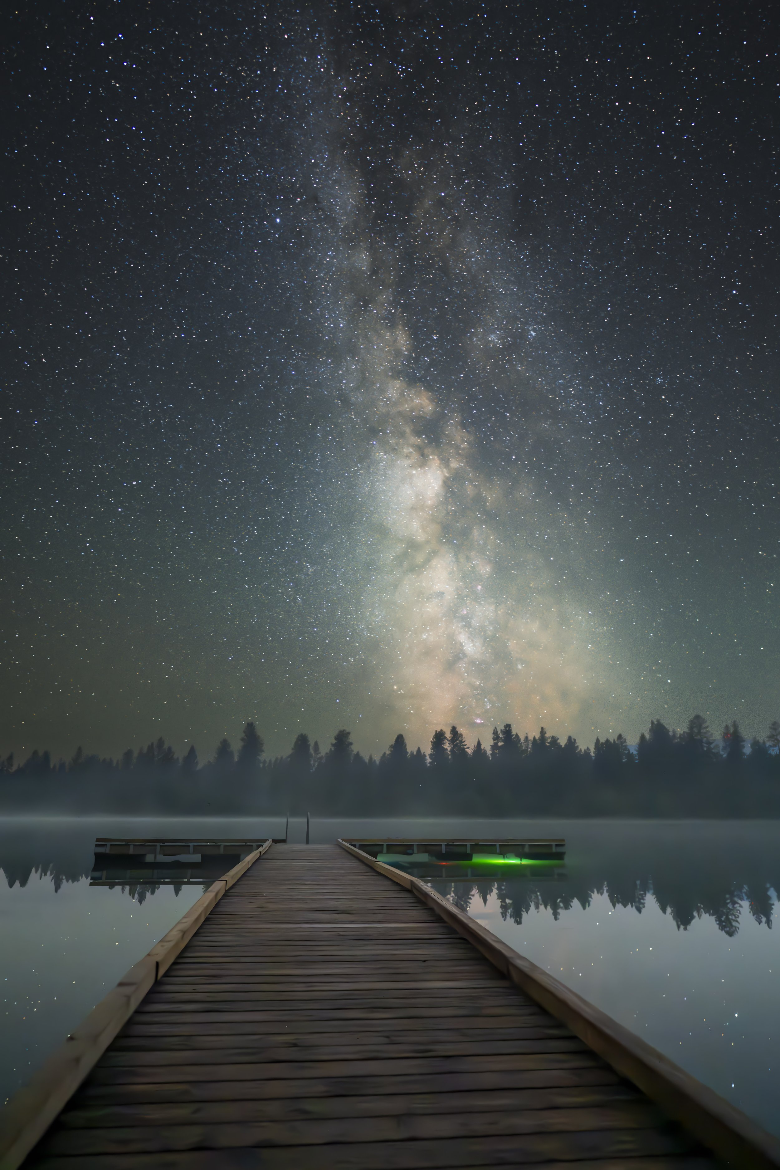 Nighttime scene of a wooden dock extending into a calm lake with mist, reflecting a star-filled sky and the Milky Way galaxy overhead, surrounded by trees.