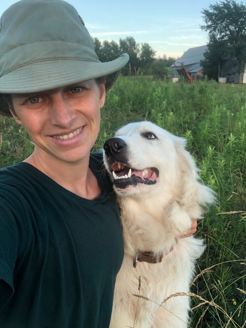 Suzanna in a plaid shirt and cap shows something to three children sitting on a hammock in a wooded area, surrounded by trees and fallen leaves.