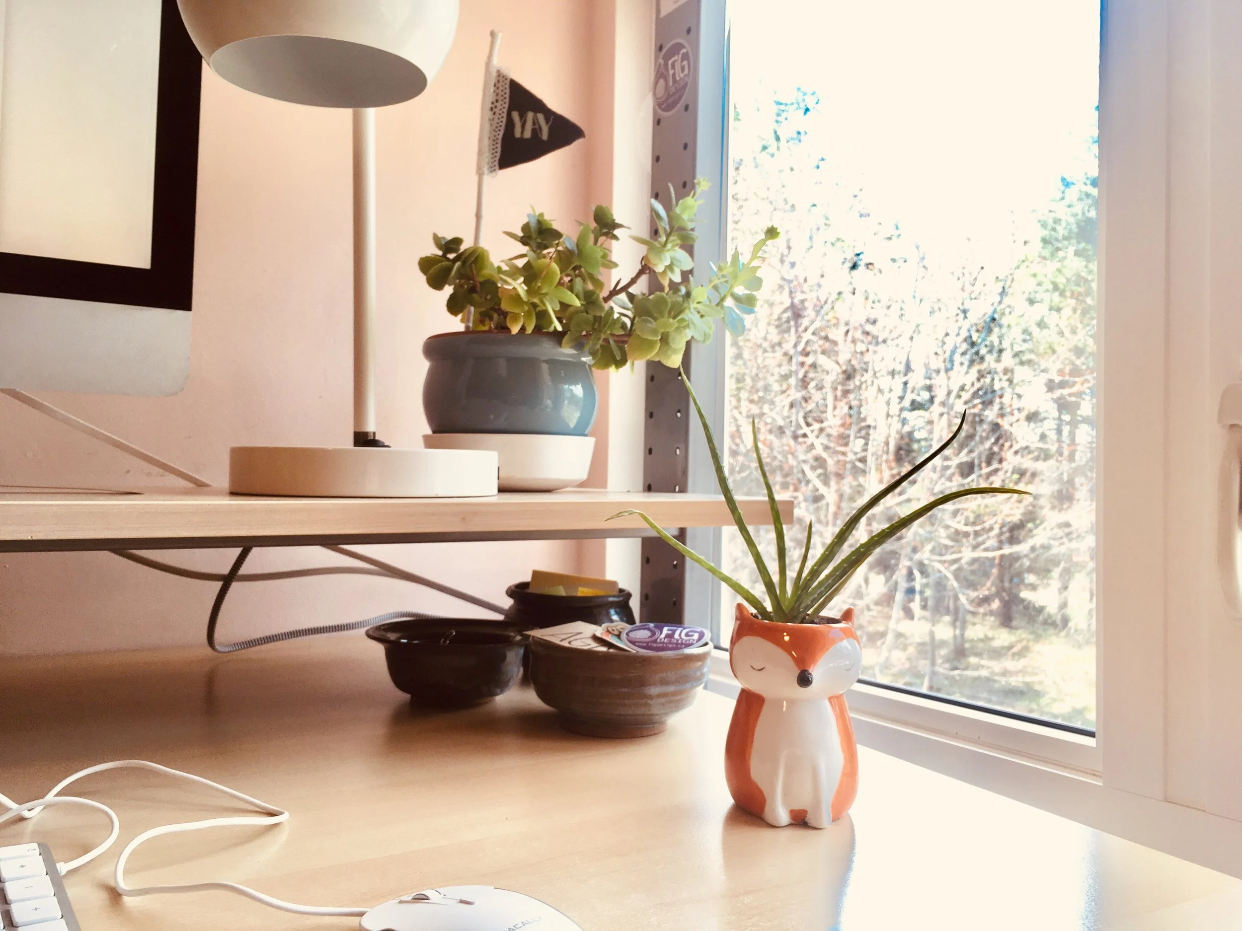Fig Design desktop with a computer monitor, a white lamp, a potted plant with green leaves, and a fox-shaped planter with an aloe vera plant. There are also bowls and a coffee cup on the desk, and a window with a view of trees outside.