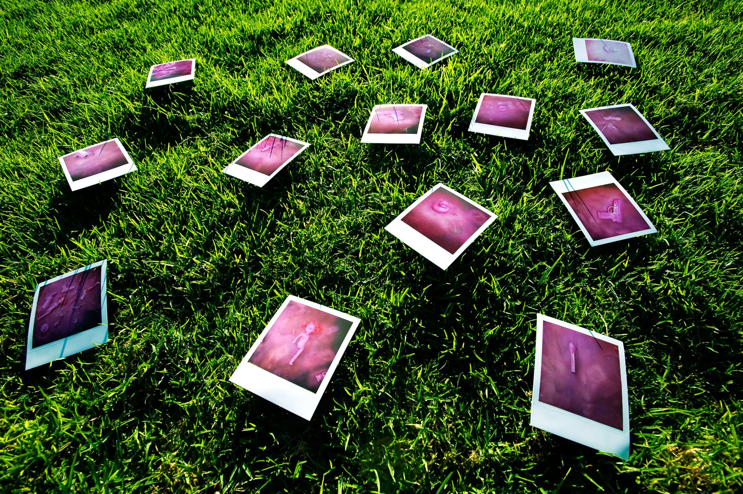 Photographs scattered on green grass. The photos appear to be Polaroids with a purple hue, some displaying objects or scenes, and others showing abstract patterns.