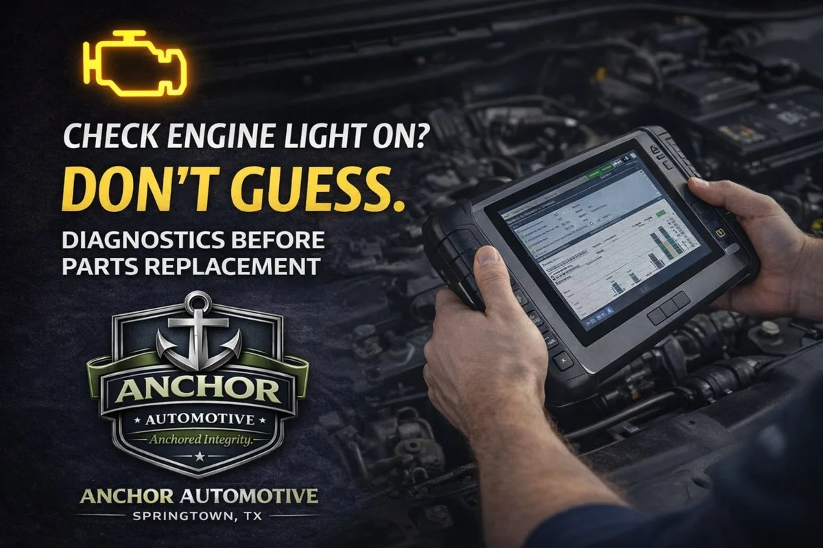 Professional engine diagnostics in Springtown TX showing technician using advanced scan tool for check engine light diagnosis at Anchor Automotive.