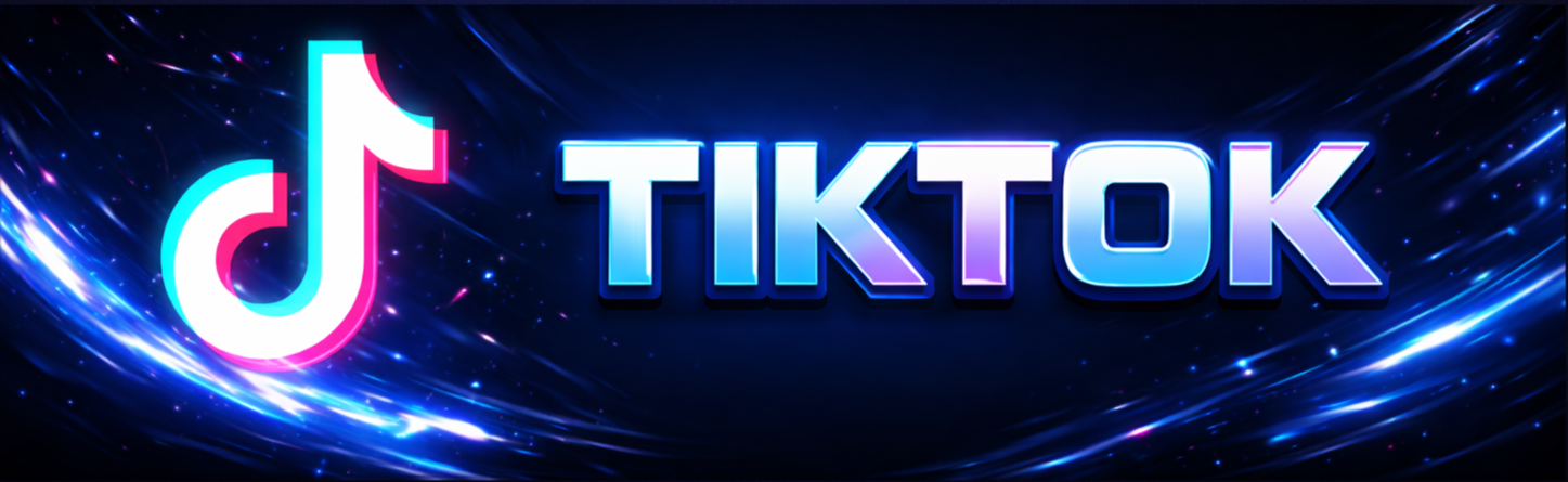 Neon TikTok logo with blue and pink streaks in the background.