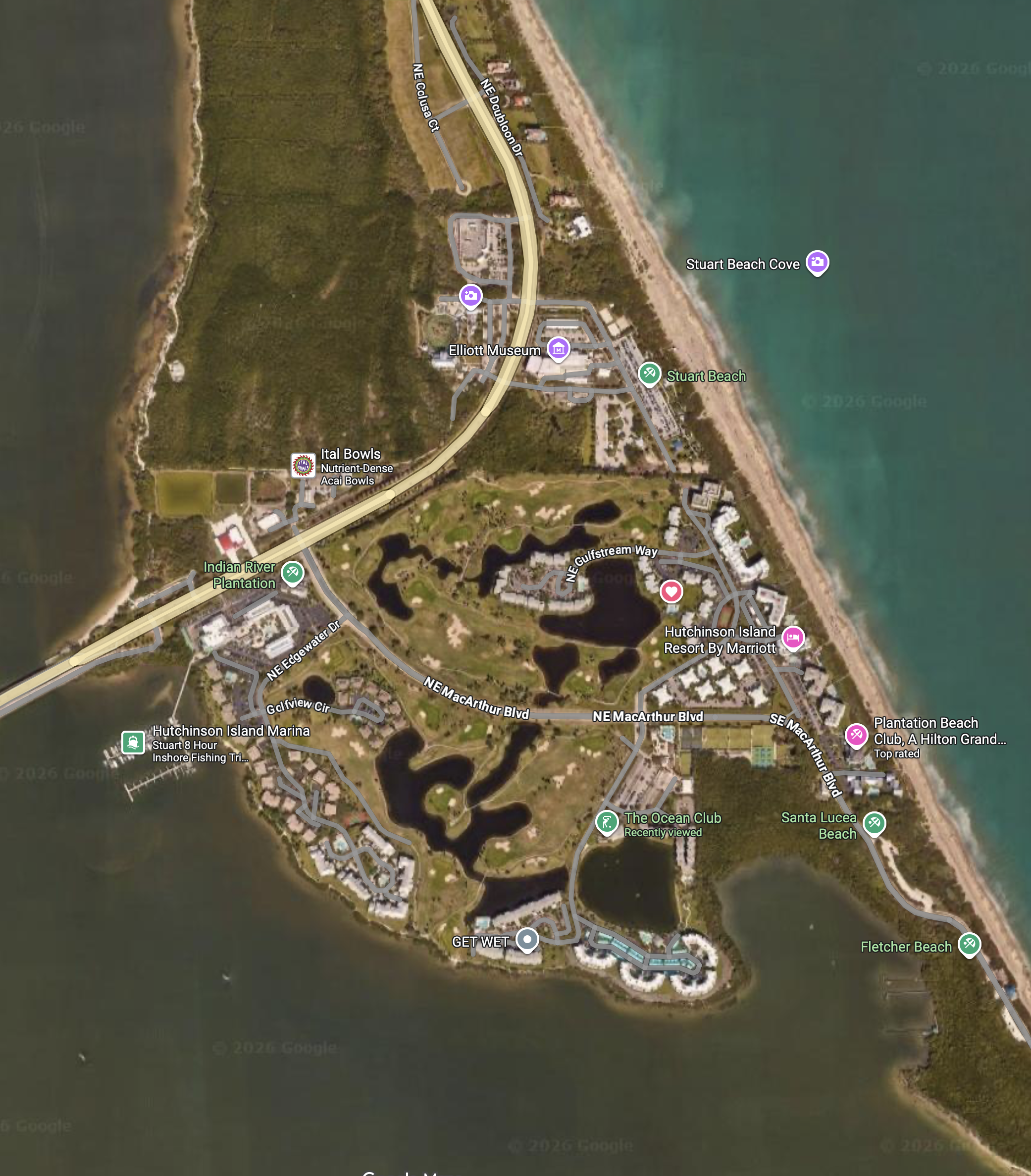 Satellite map of Hutchinson Island near St. Lucie, Florida, showing beaches, resorts, golf courses, marinas, residential areas, and waterways.