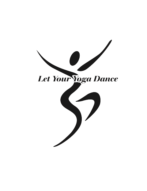 Stylized silhouette of a person in a yoga pose with the text 'Let Your Yoga Dance' across the torso.
