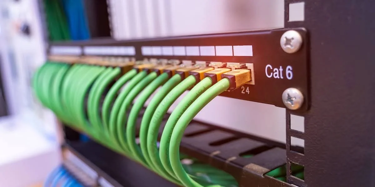 Close-up of a network patch panel with green Ethernet cables plugged into ports labeled Cat 6