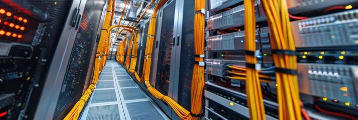 Data center hallway with server racks and orange cables.