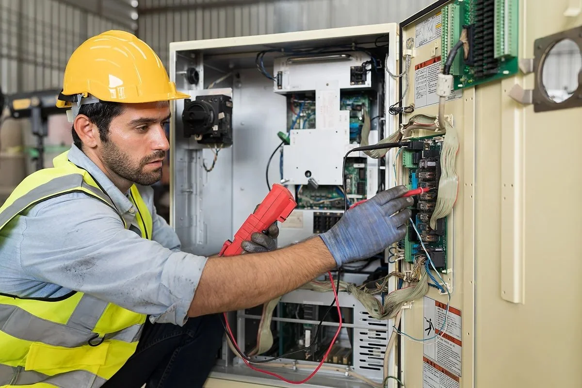 Technician wearing a yellow safety helmet and gray work shirt inspecting and repairing electrical or electronic equipment inside an open control panel with tools.