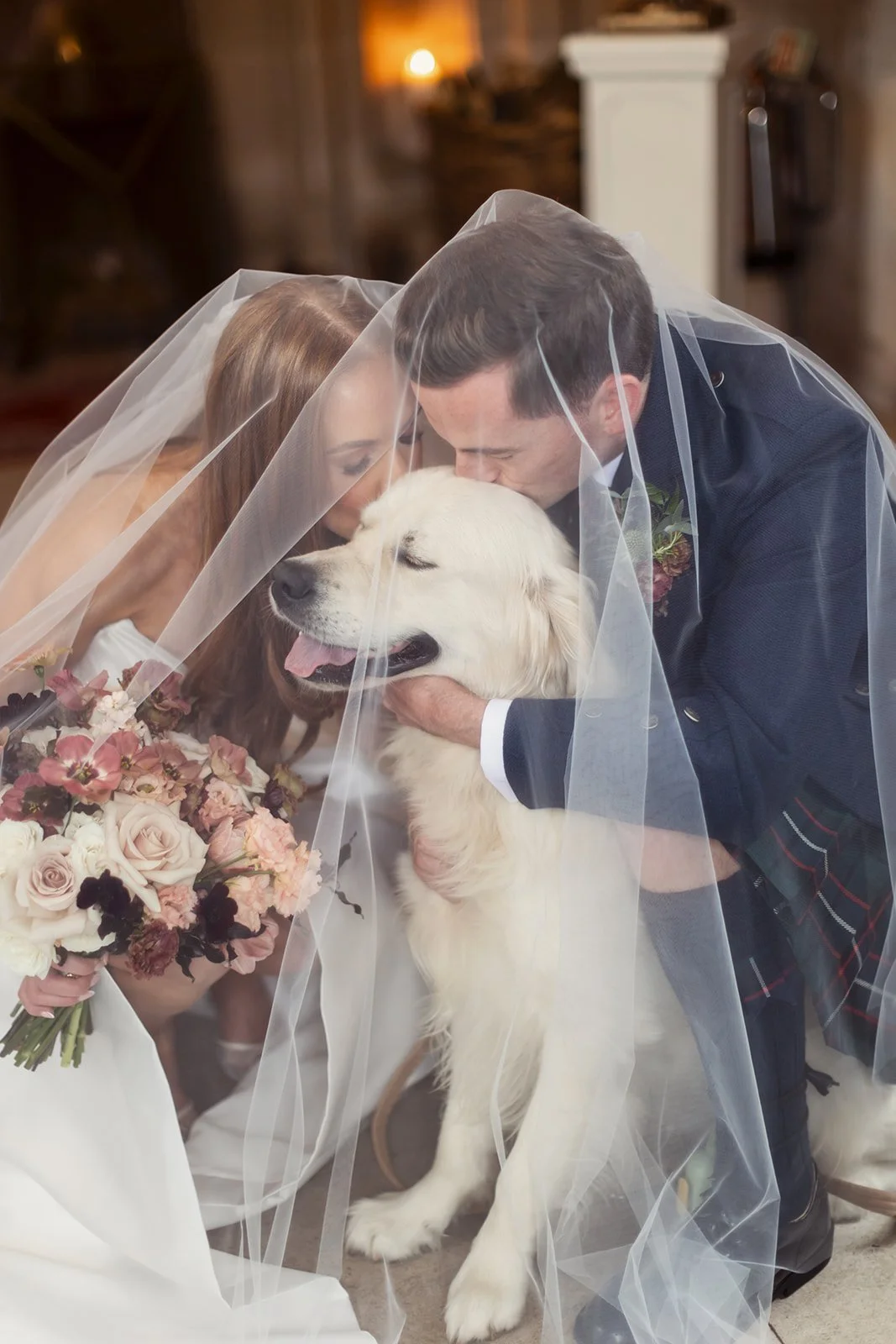 Bride and groom kissing a golden retriever at their wedding, with the bride holding a bouquet of flowers and a veil draped over all three.