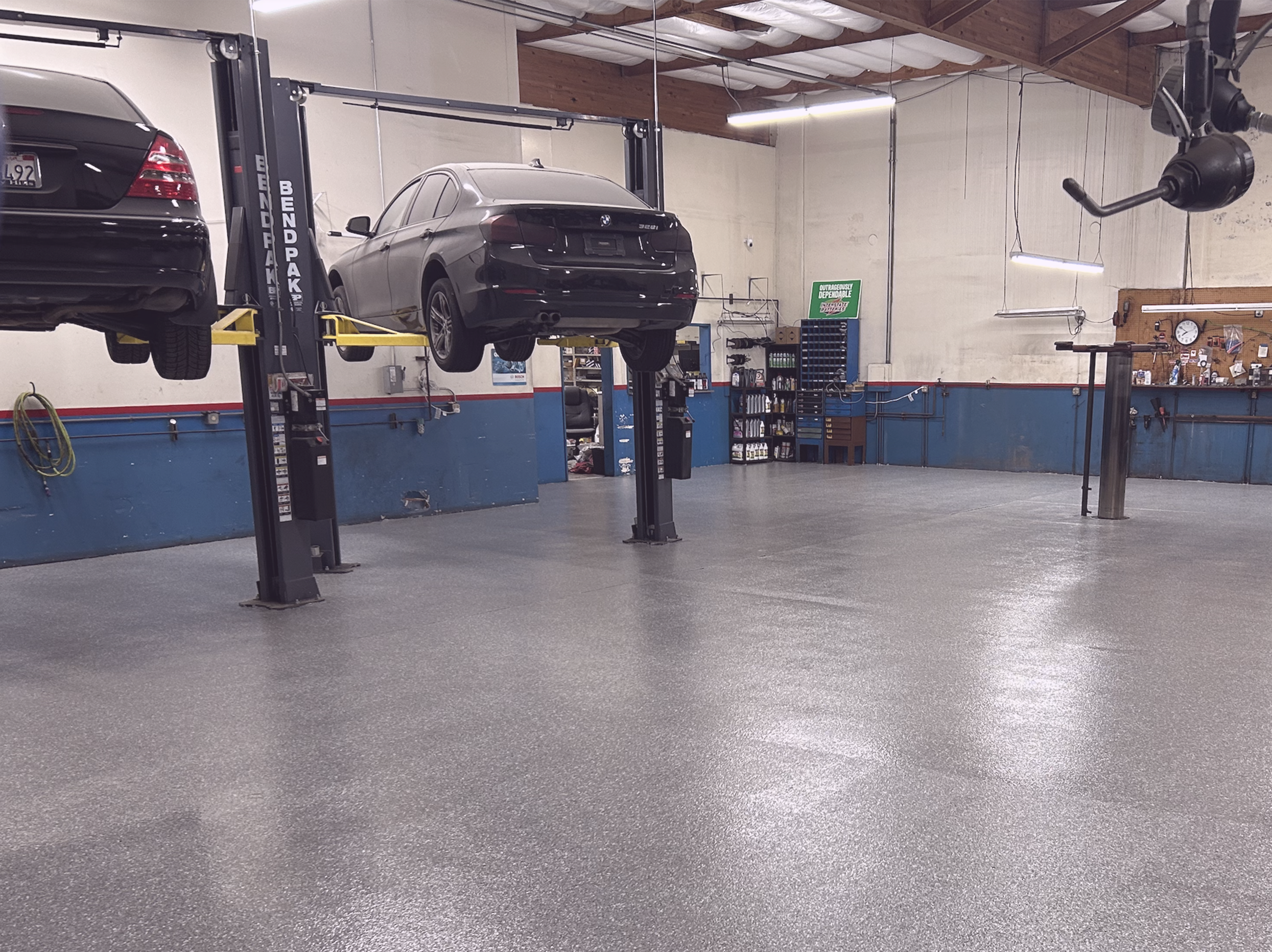 automotive shop garage with epoxy flooring