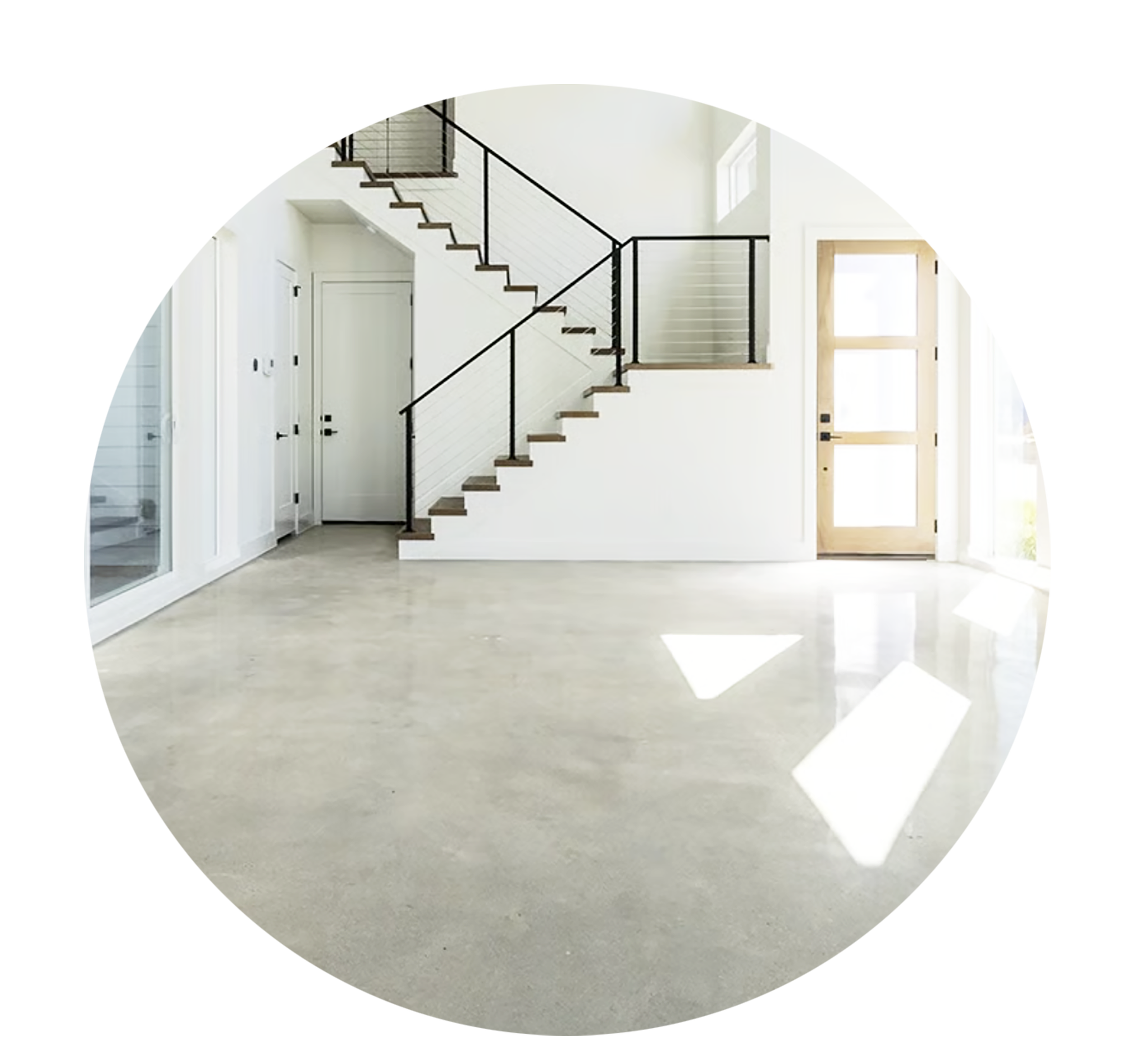 Modern interior with white walls, sealed concrete epoxy  floor, modern interior design, home improvement