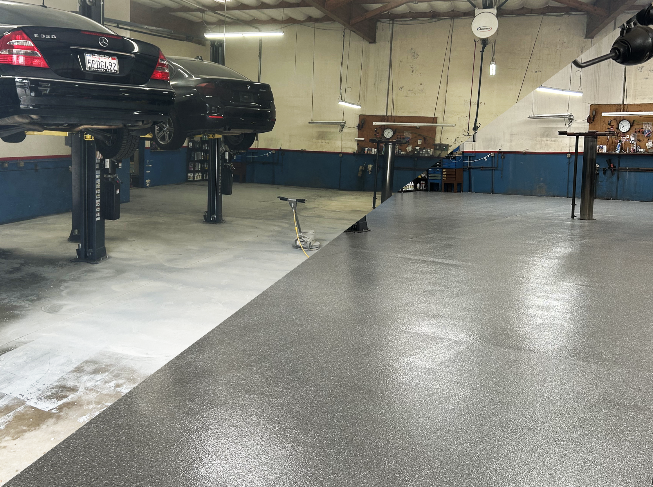 automobile garage mechanic shop epoxy floor before and after