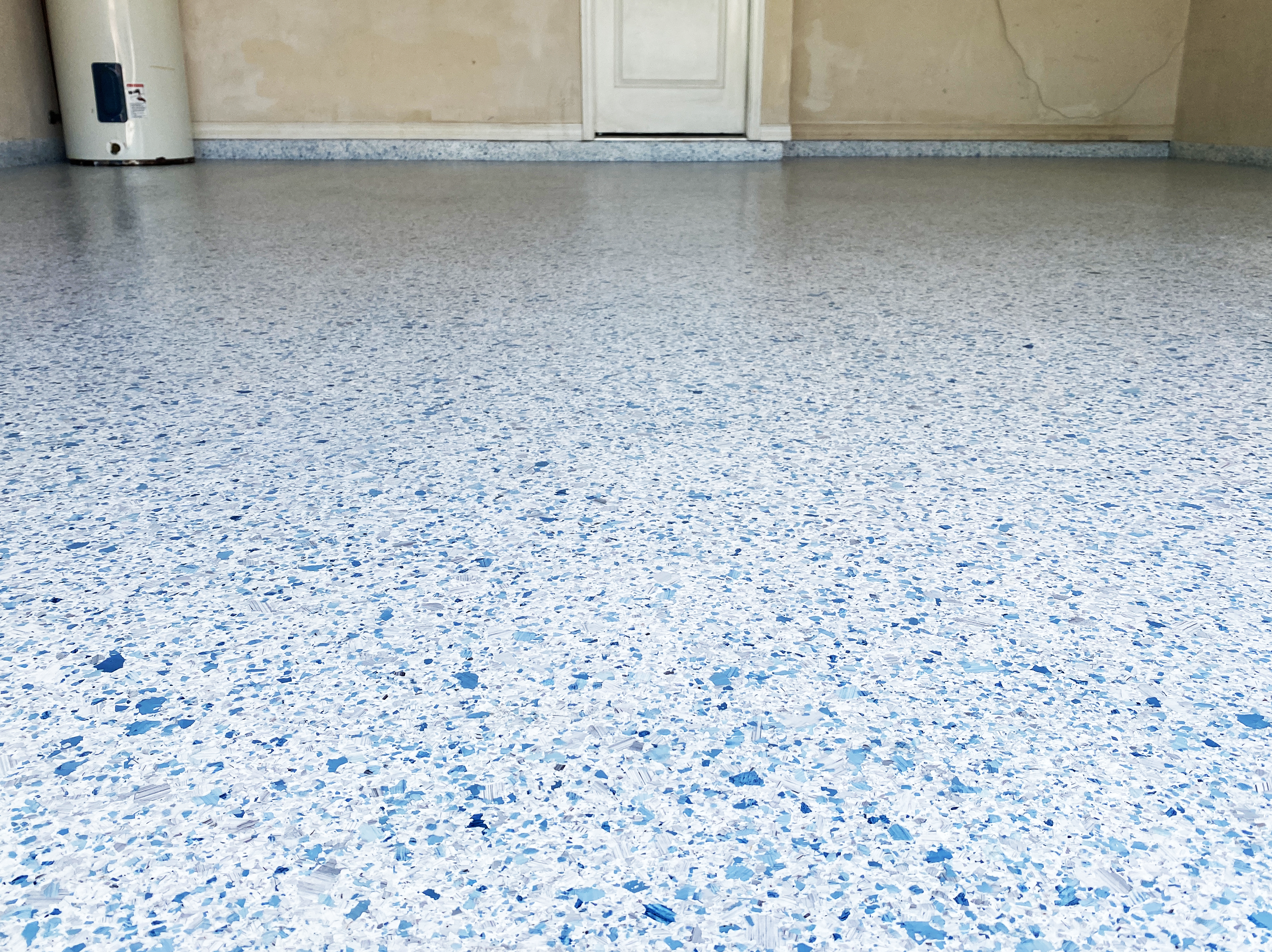 finished epoxy floor garage blue with full chip system 