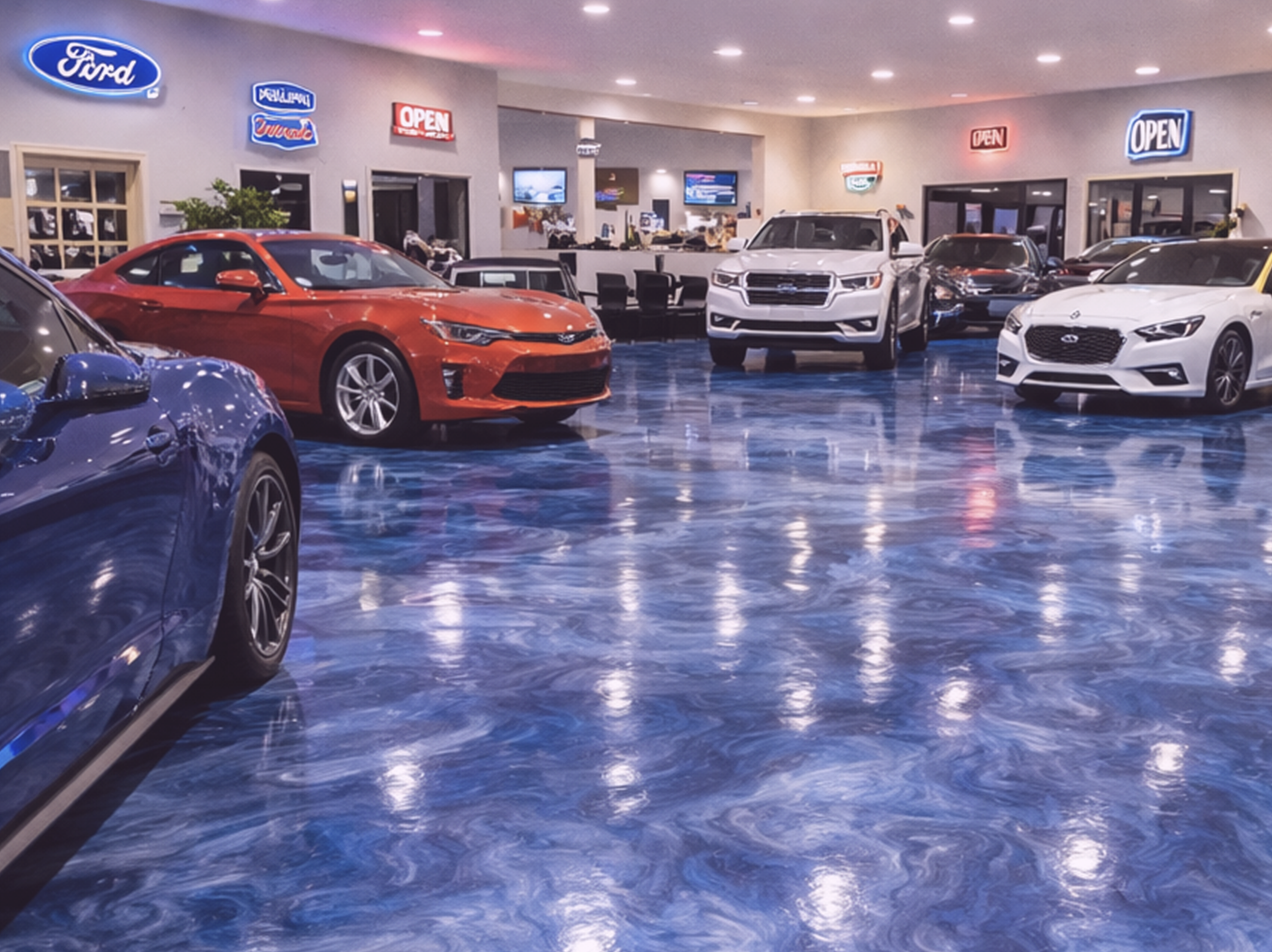 Indoor car dealership showroom with colored metallic epoxy floor remodeled
