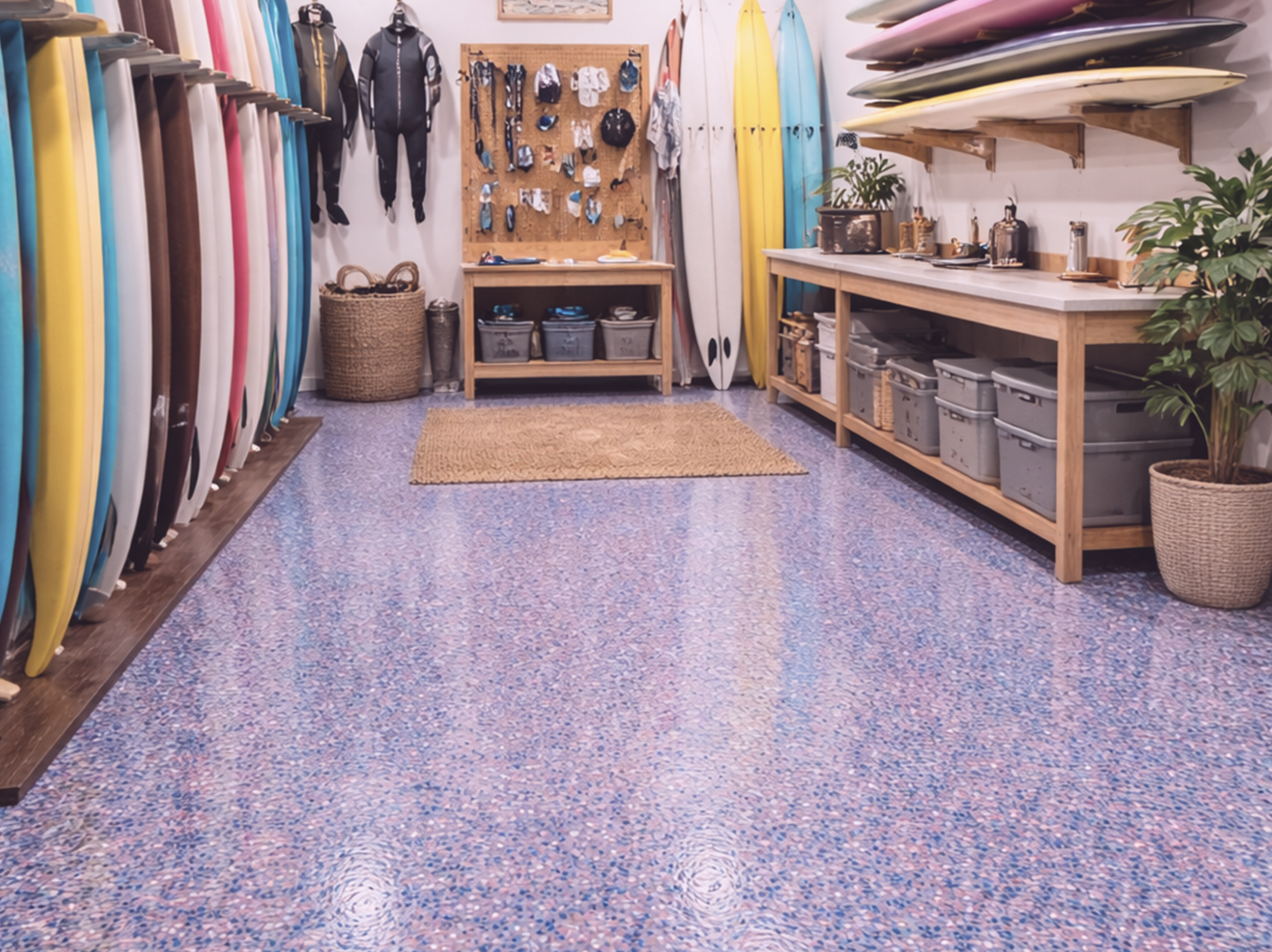 A surfboard shop interior with colorful surfboards on the wall with color full chip epoxy floor remodeled.