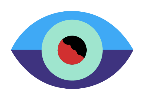 A stylized eye icon with a blue outer ring, a light green inner ring, and a red and black pupil in the center.
