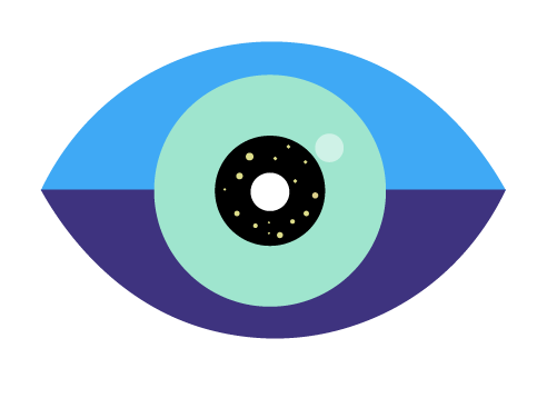 Illustration of an eye with a light blue sclera, black pupil, and surrounding iris, featuring simple colors and geometric shapes.