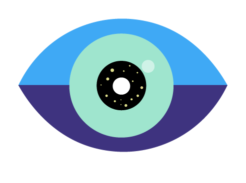 A stylized illustration of a human eye with an iris, pupil, and sclera in bright colors.