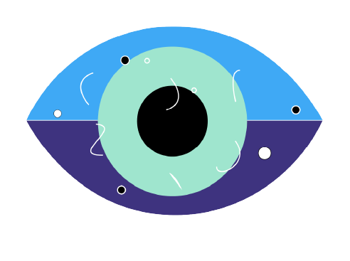 A stylized illustration of a human eye with a blue and purple background, featuring a central black pupil and a light green iris.