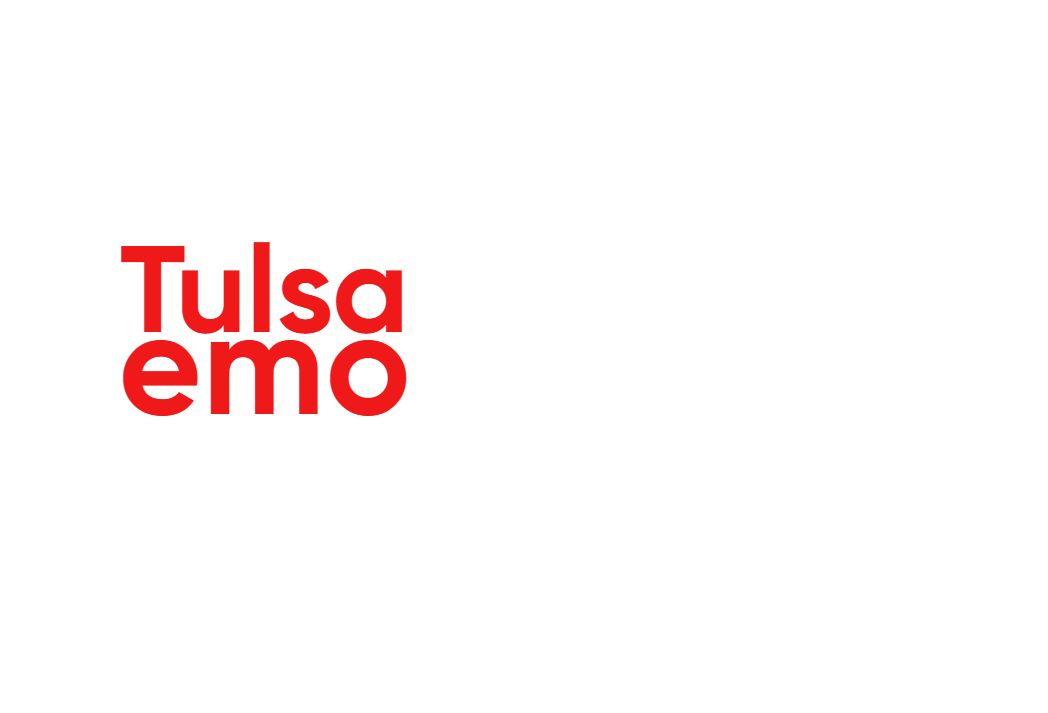Text on black background that says "Tulsa Memorial Drive" with "Tulsa" and "Memorial" in red, and "Drive" in white.