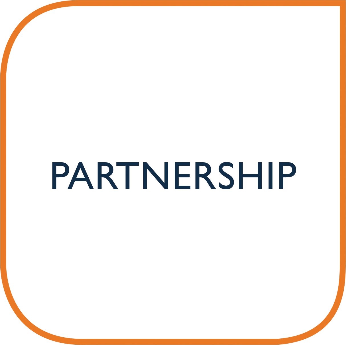 Graphic with the word 'PARTNERSHIP' in blue text on a white background, bordered with an orange curved border.