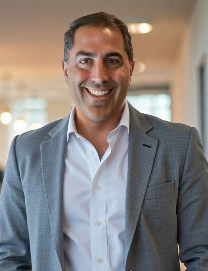James Davella in a gray suit and white shirt standing indoors.